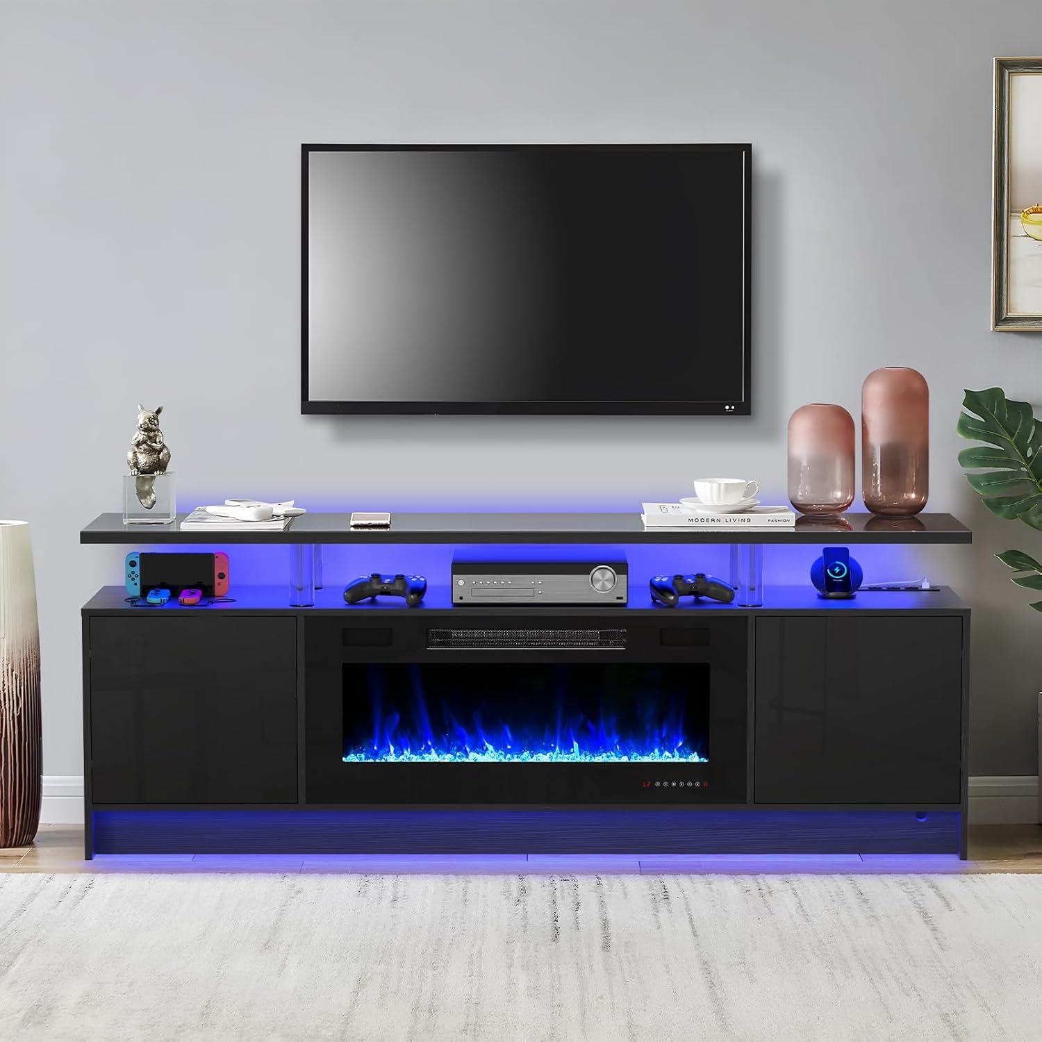Ludatido 70" Fireplace TV Stand with 36" LED Lights, Modern Entertainment Center for TVs Up to 80", 2 Tier Console Cabinet for Living Room