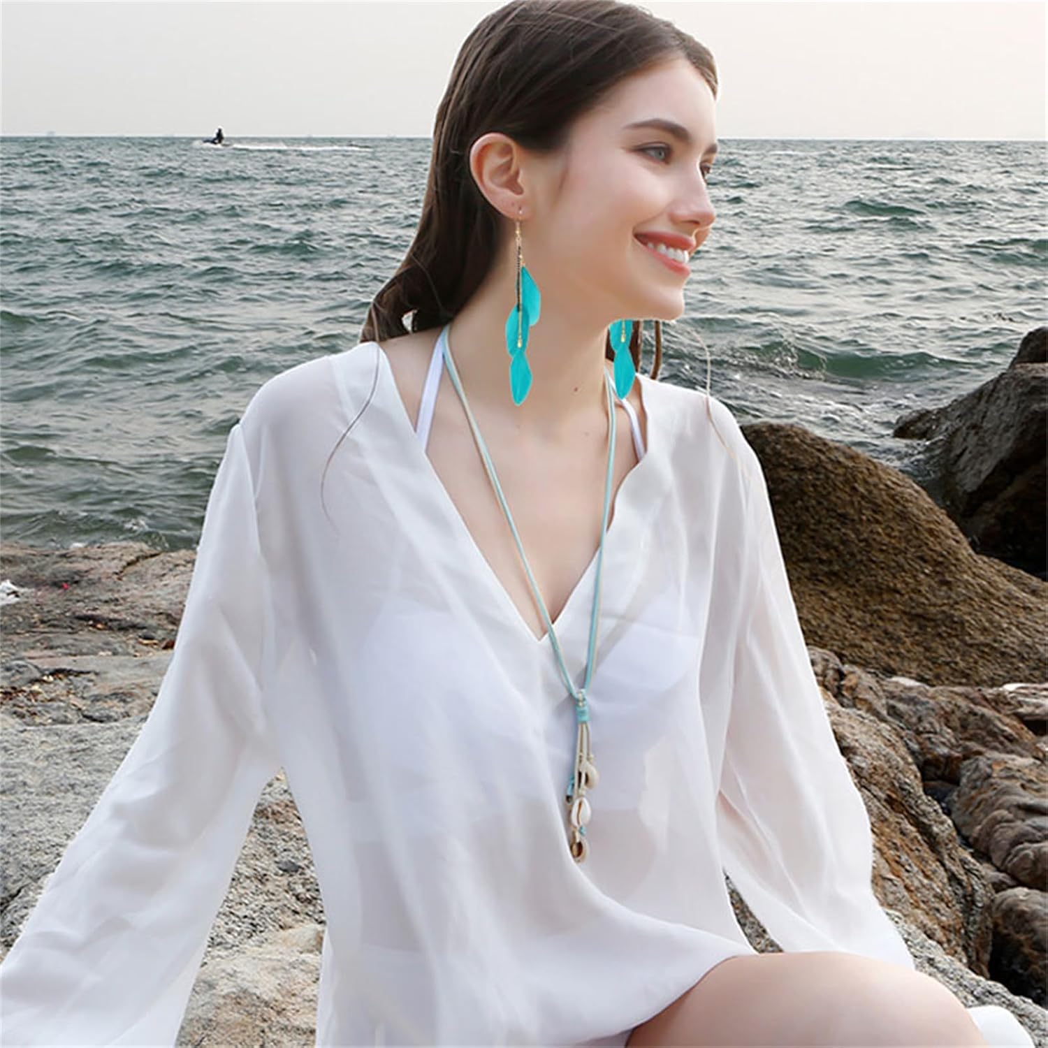 Bohemian Colorful Feather Earrings for Women Ethnic Retro Bohemian Long Chain Feather Earrings Vacation Handmade Vintage Multicolor Tassel Feather Earrings Lightweight Feather Drop Dangle Earrings Jewelry Gift (Turquoise) - Image 6