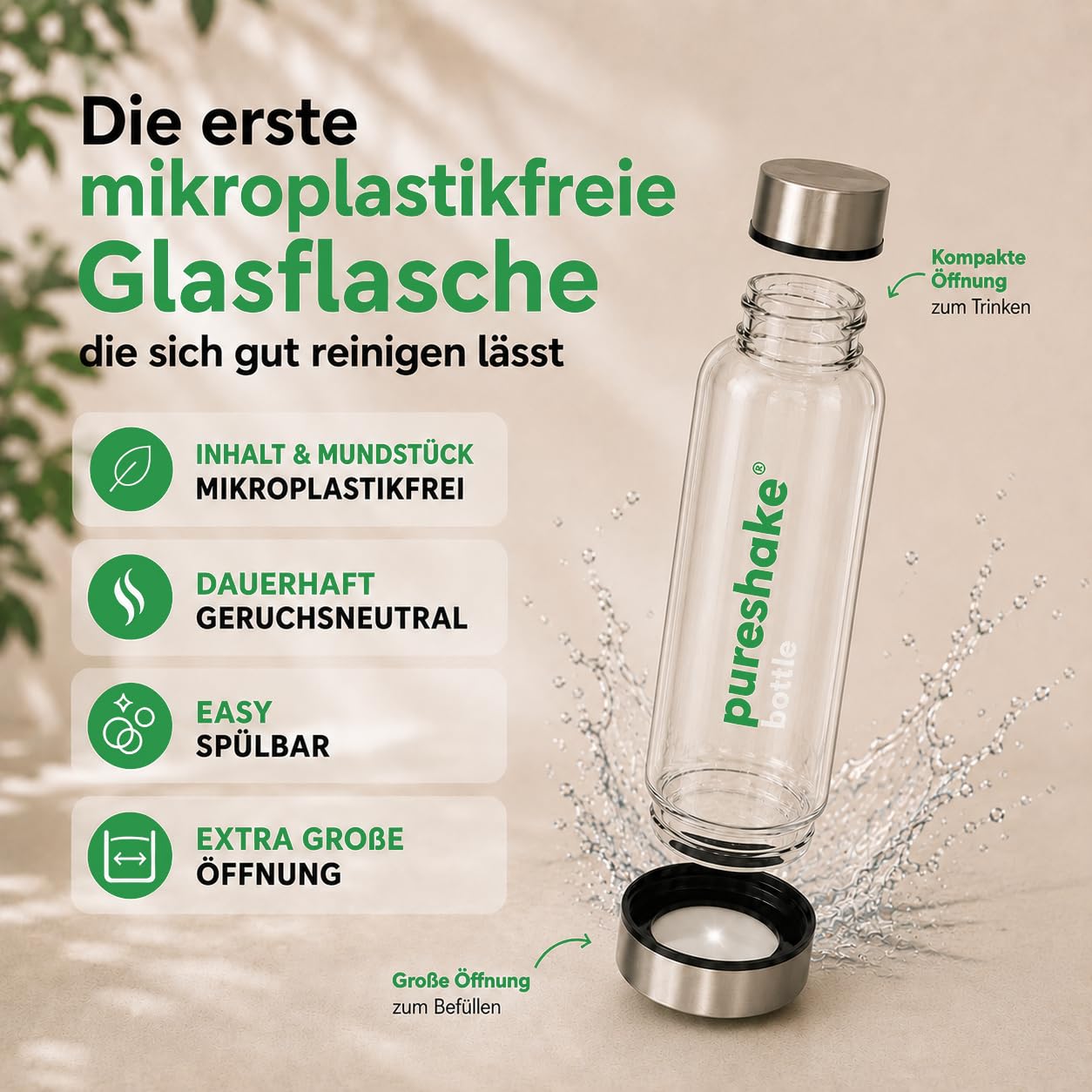 1 Liter GLASSFLASCHE EDELSTAHLFLASCHE | 100% Glas und Edelstahl | 0% Kunststoff | Trinkflasche aus Glas mit Sleeve, easyclean 1000ml