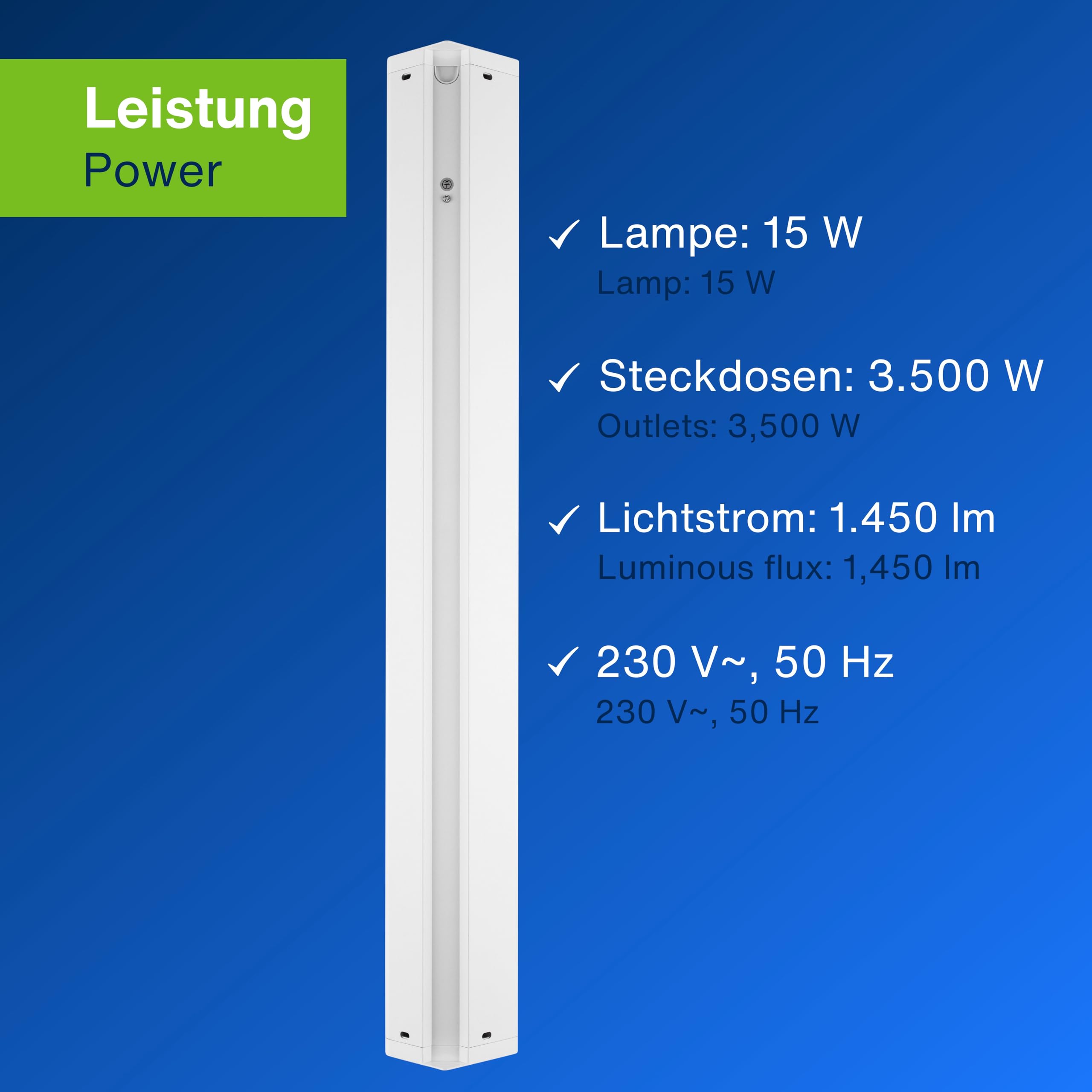 REV PENTA - Barra luminosa a LED, con 2 prese e interruttore, 15 W, 76 cm, colore: Bianco