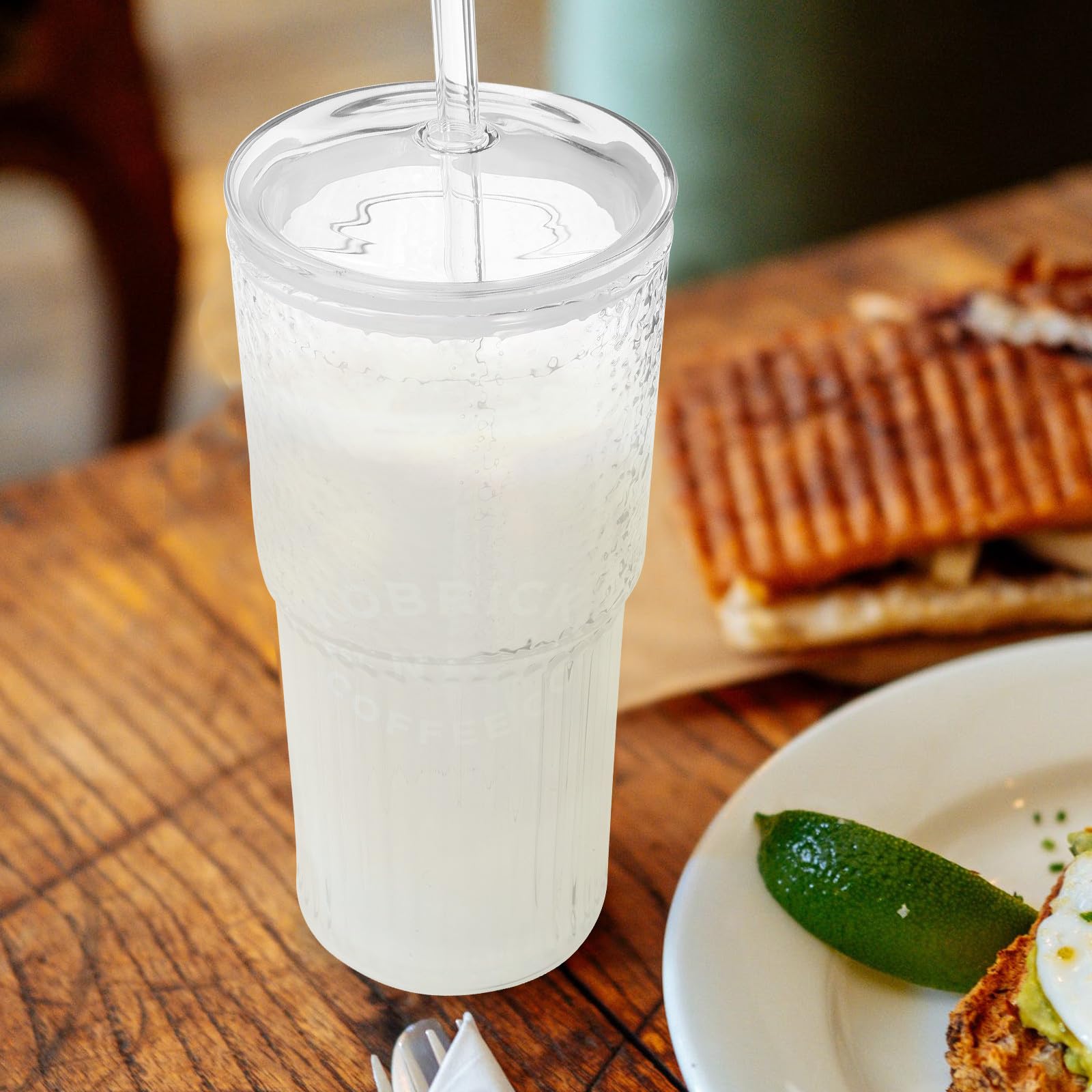 Angoily Glas Trinkbecher Großes Fassungsvermögen Glatte Oberfläche 650ml 2 Stück mit Deckel und Strohhalm für Cafés und Hotels