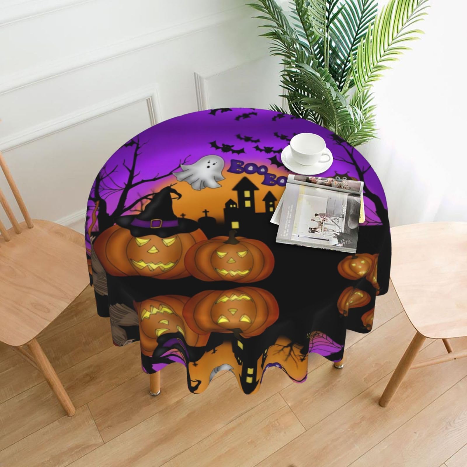 WHJSSF Halloween Owl Ghost Pumpkin Prints Round Decorative Table Throw 60 Inch – Waterproof Table Cover for Dining, Coffee Tables, and Outdoor Events