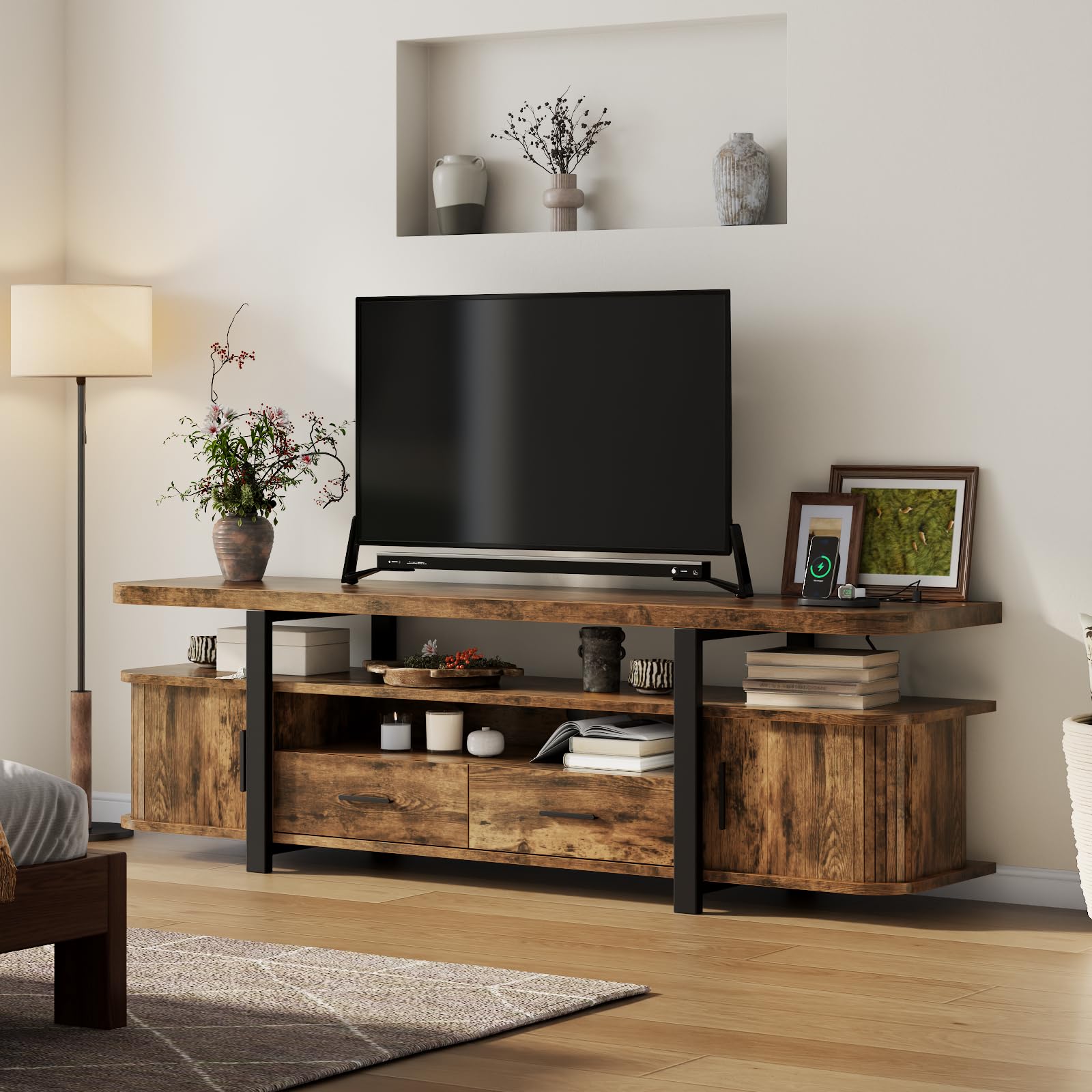 TV-Schrank,166cm TV Lowboard mit 2 Schiebetüren und 2 Schubladen,Fernsehschrank für TVs bis 70 Zoll,Fernsehtisch mit integriertes Kabelmanagement,TV Board,Fernsehschrank für Wohnzimmer,Vintagebraun