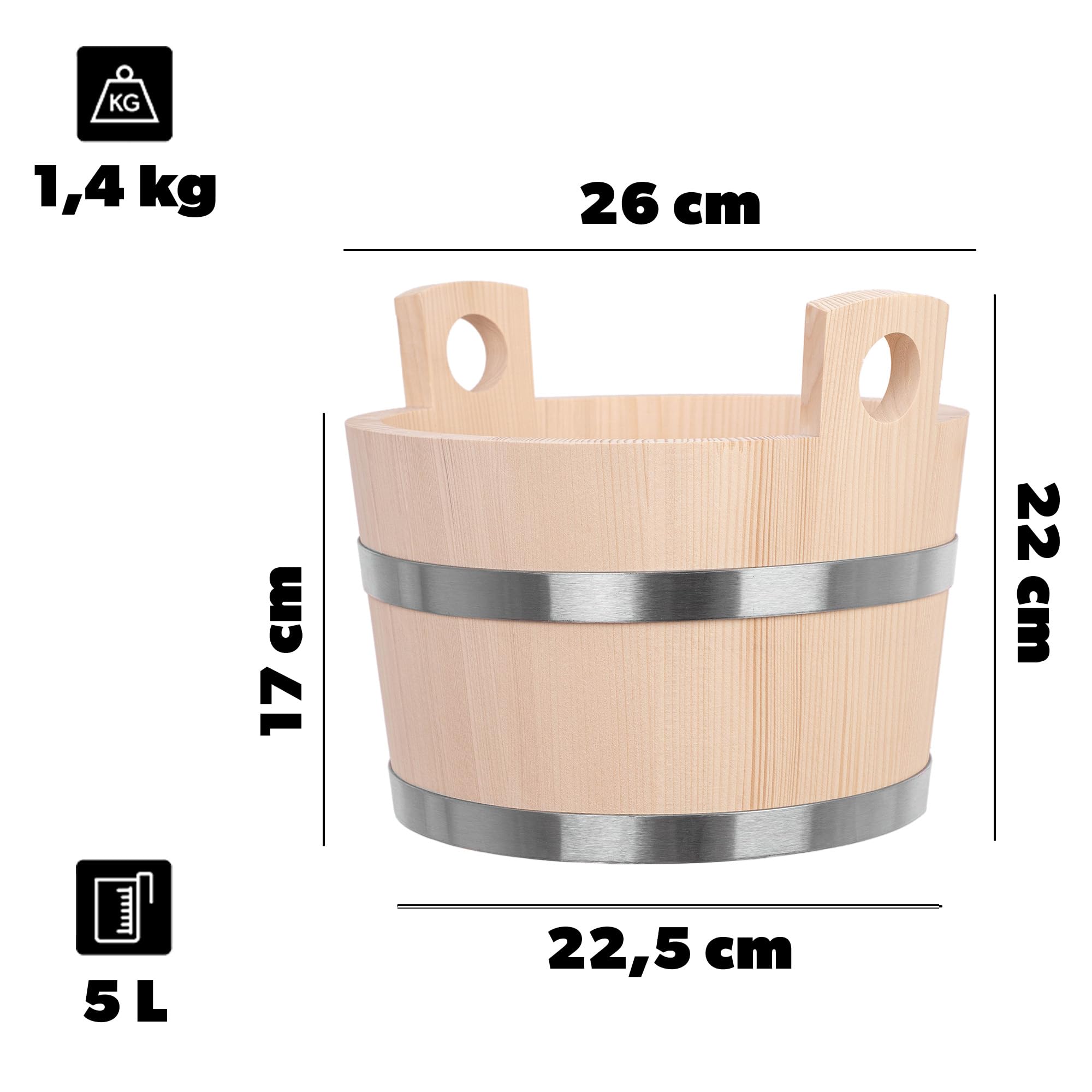 KADAX Saunakübel aus Holz, 5 Liter, Holzeimer mit Griffen, Saunaeimer für Aufgüsse, Eimer aus Naturholz, Holzkübel für Sauna, Blumenkübel, Saunazubehör (22 x 26 cm)