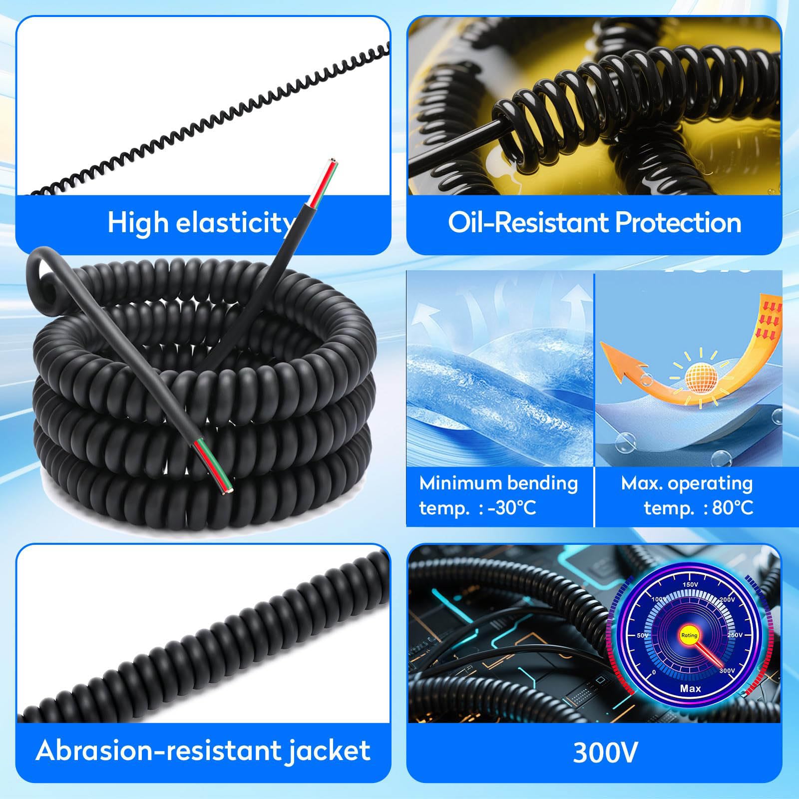 Cable retráctil de grado industrial de 4 conductores en espiral de 18 AWG, cable retráctil, cable de extensión de alimentación, cable elástico