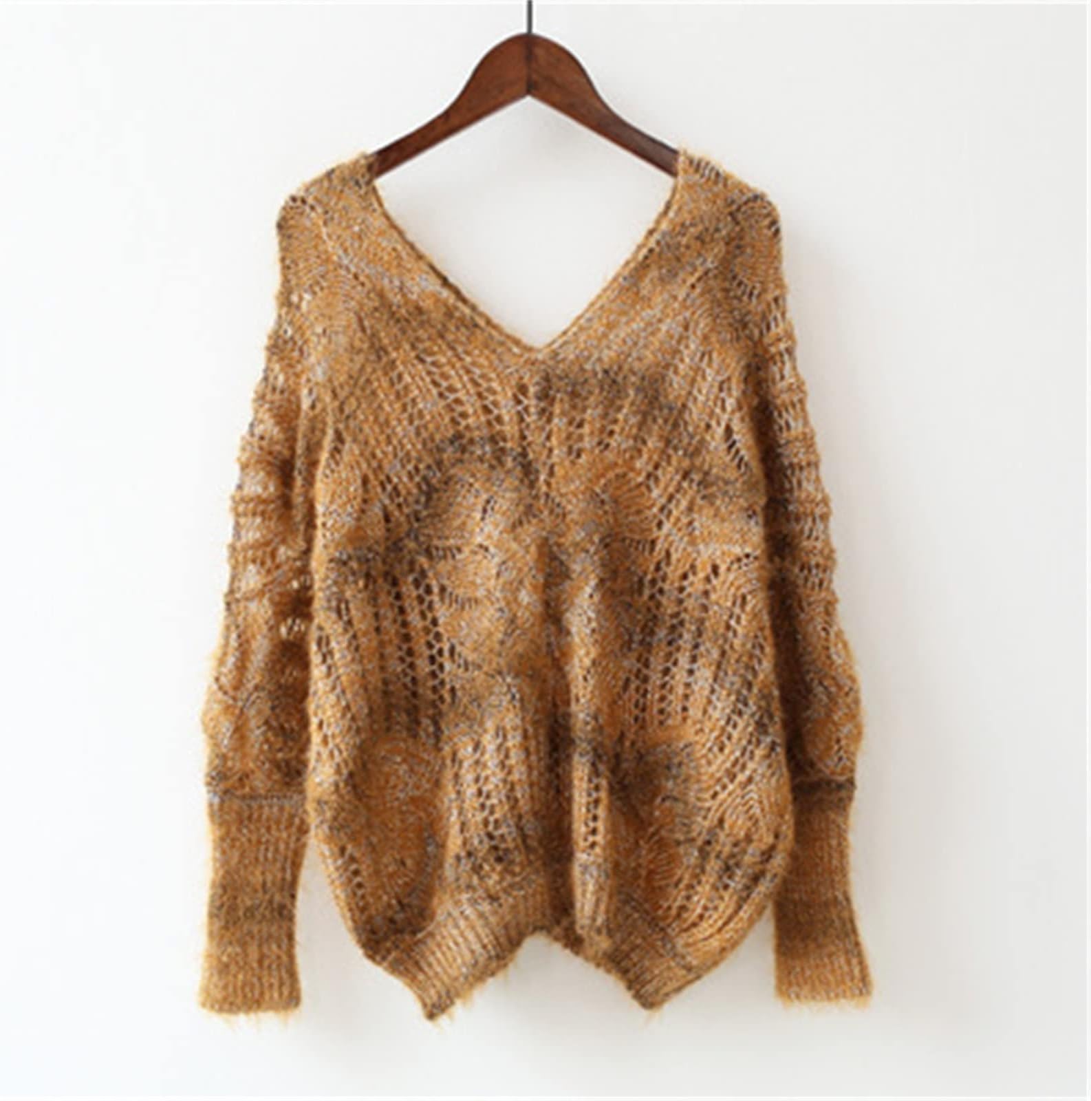 ZWENDEZWENDE Women's sweater Sweater Women's Pullover Hollow Knit Top V-Neck Loose Trend New Women's Mohair Bright Silk Sweater Women (Color : Hortel�, Size : One Size)