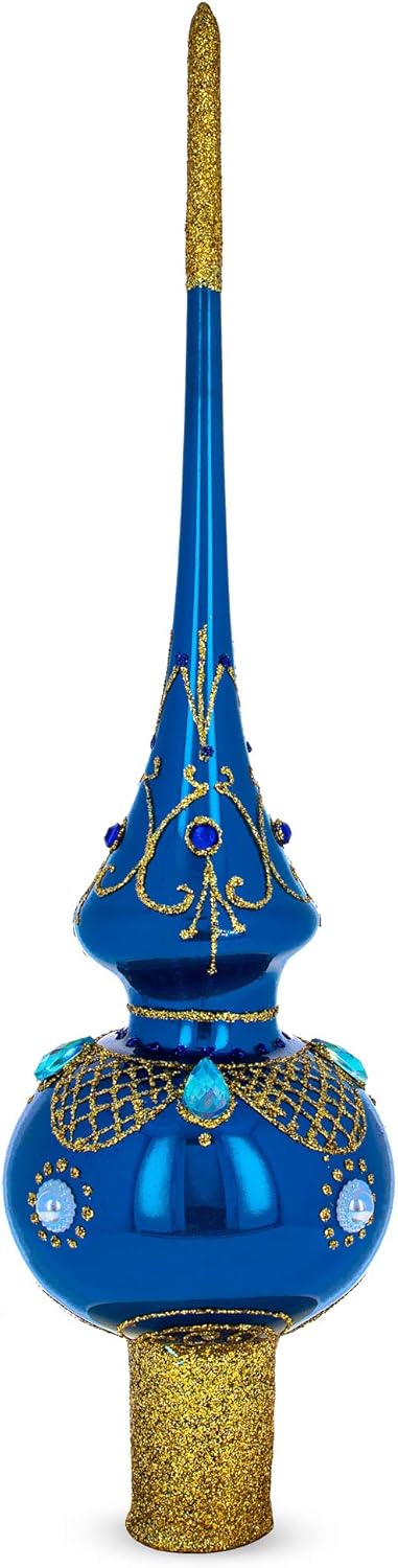Blue Jewels and White Pearls on Glossy Blue Blown Glass Christmas Tree Topper 11 Inches