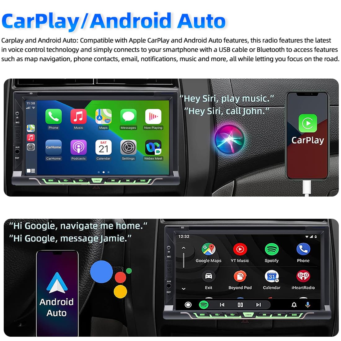 Autoradio Double Din de 7" pour CarPlay sans fil & Android Auto, récepteur lecteur CD/DVD pour voiture avec écran tactile, Bluetooth, caméra de recul, RDS/AM/FM,Mirror Link,Subwoofer,USB/AUX/SWC/DSP