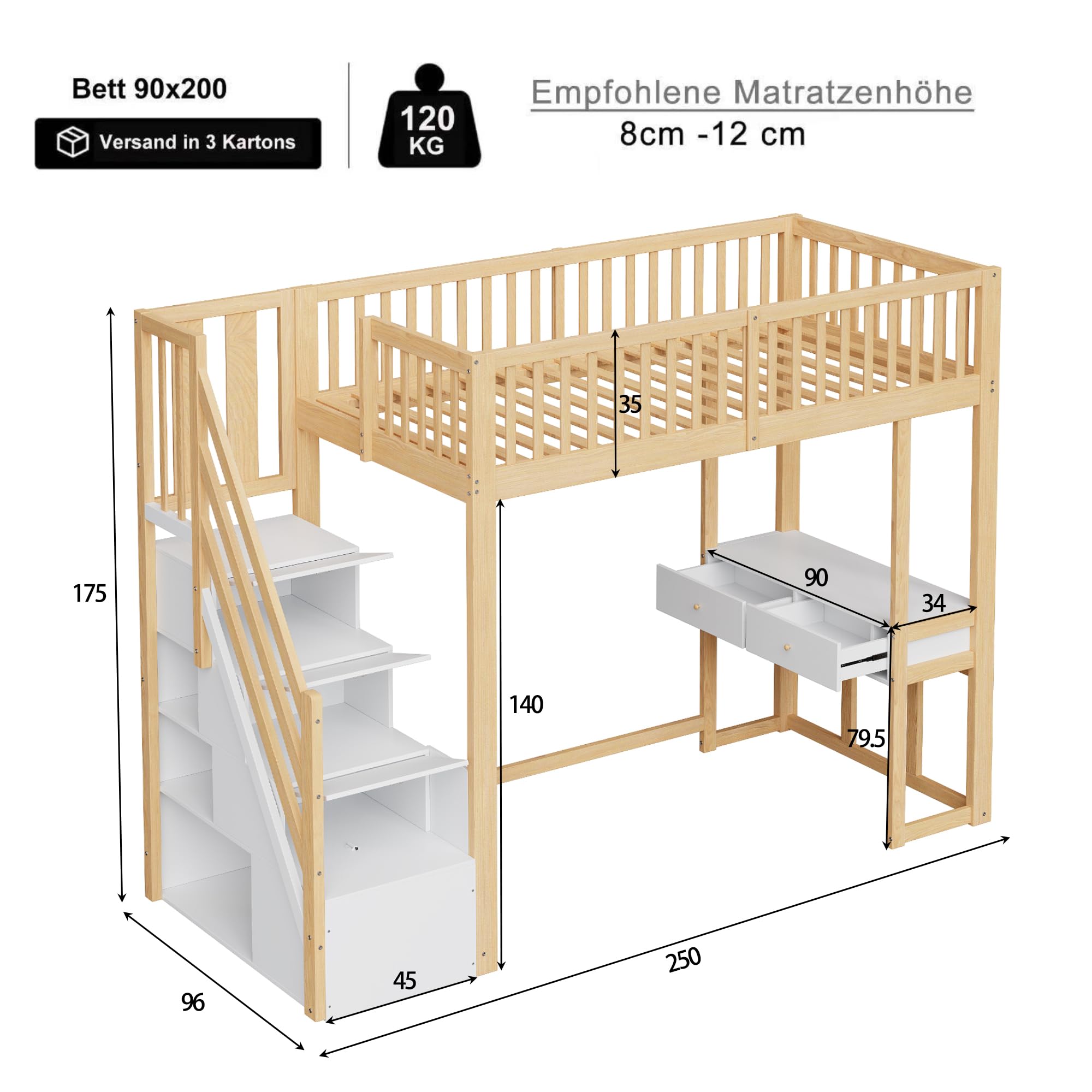 Merax Hochbett 90x200 cm mit Schreibtisch, Multifunktionales Hochbett für 1 Person mit Treppenregal, Weiß und Holz (ohne Matratze)