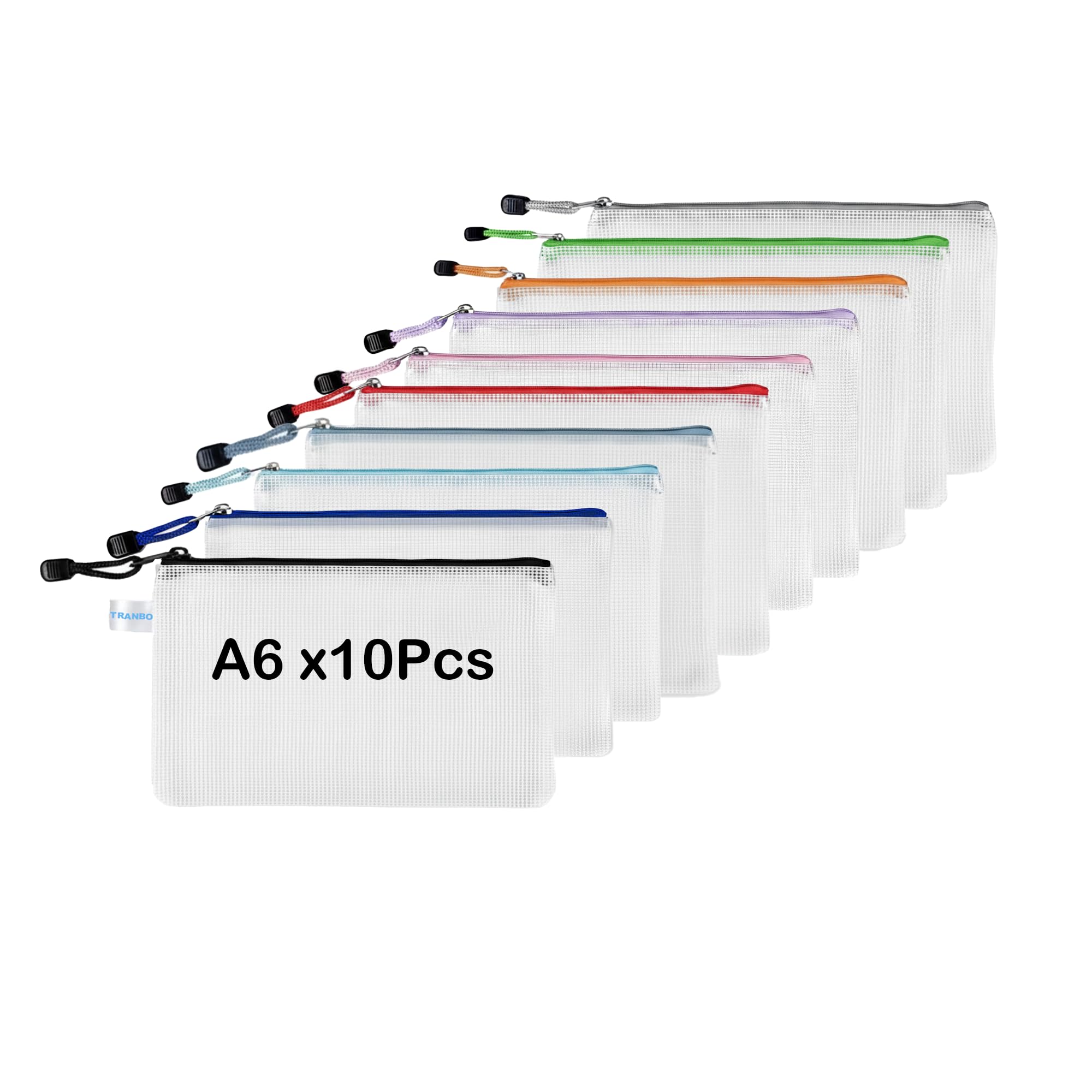 10 Pack A6 Mesh Zipper Wallets, TRANBO Small Zip-Lock Pouches for School Home & Office File Folder, Travel Document Storage, Luggage Items Organizer - 19 × 11.5 cm