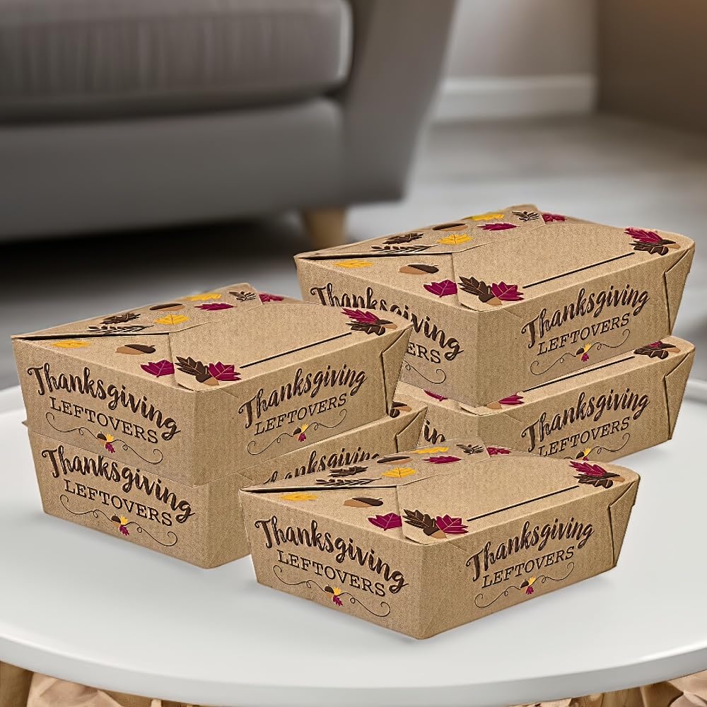 Scatole pieghevoli in carta kraft per il Ringraziamento, 6,3 x 21 x 15,2 cm (confezione da 5), perfette per pasti festivi, regali alimentari e avanzi