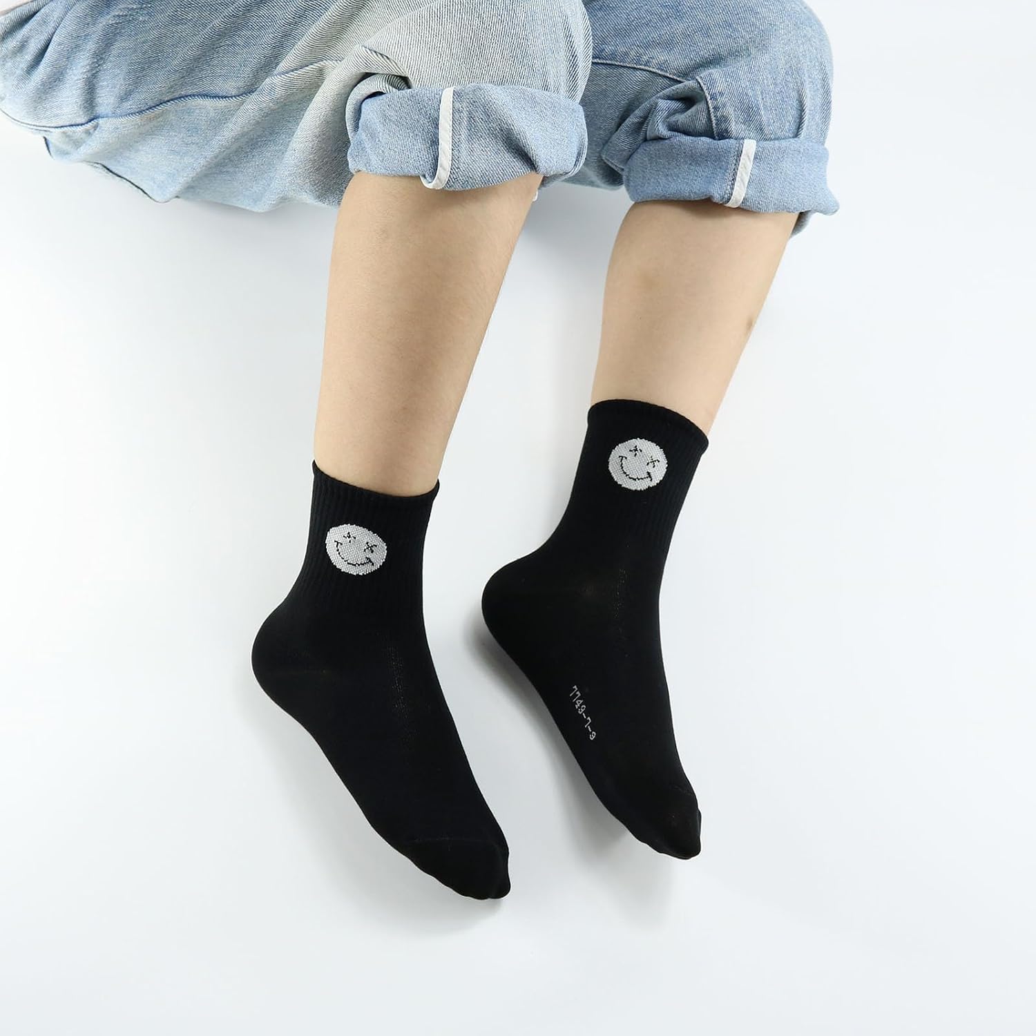 Toddler Boys Happy Face Crew Socks, Black Striped Solid Funny Kids Ankle Cotton Socks, 5 Pairs
