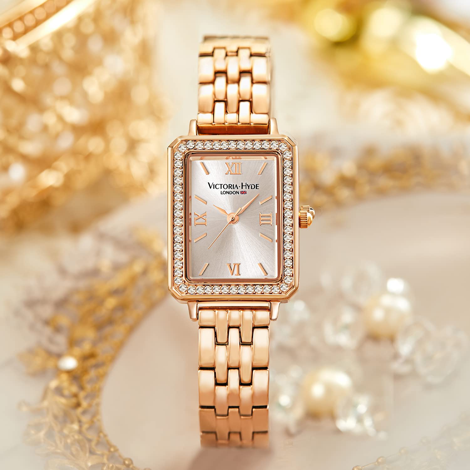 VICTORIA HYDE Reloj de pulsera rectangular para mujer, esfera verde, analógico, de cuarzo, con correa de acero inoxidable