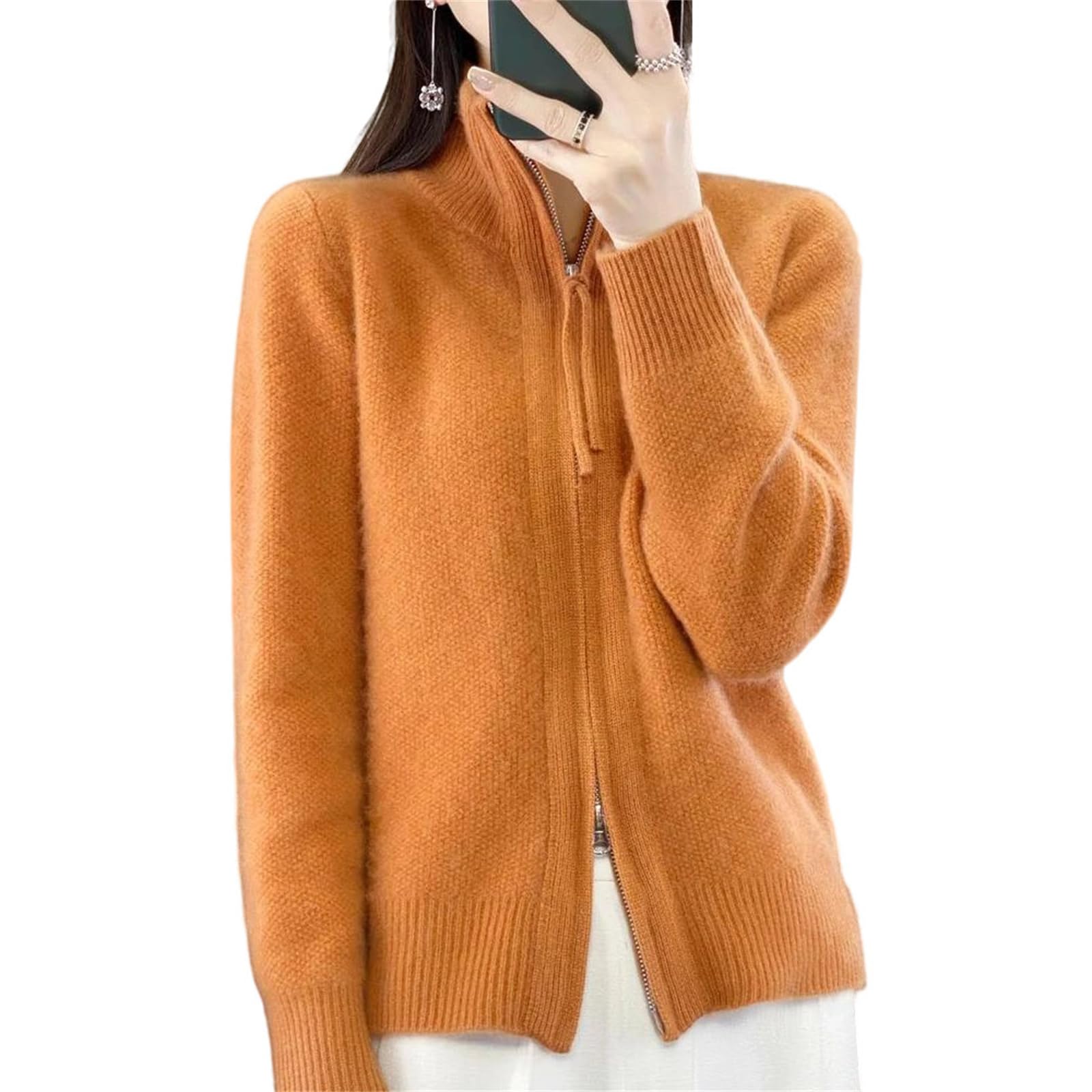 Womens Merino Wool Blend Lapel Collar Knit Cardigan Double Zipper Thick Warm Winter Sweater Cozy Daily Outerwear