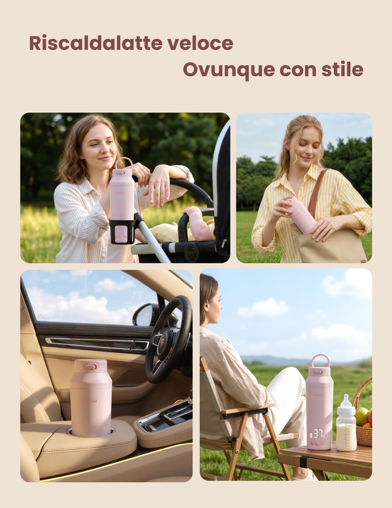 Paruu Scaldabiberon Portatile, Apertura Ampia Facile da Pulire, Riscaldamento Rapido in 2 Minuti, 7 Livelli di Regolazione della Temperatura, Ricarica Rapida 30W, Capacità 350ml, Rosa