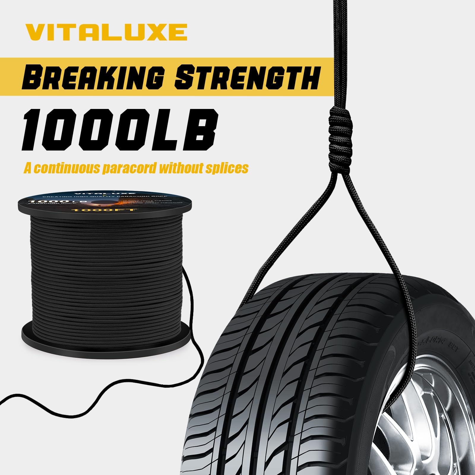Corde de parachute tactique de 1000 kg avec 12 triples brins, équipement de survie robuste pour camping, randonnée, idéal pour bracelets, cordons, diamètre : 4 mm, noir