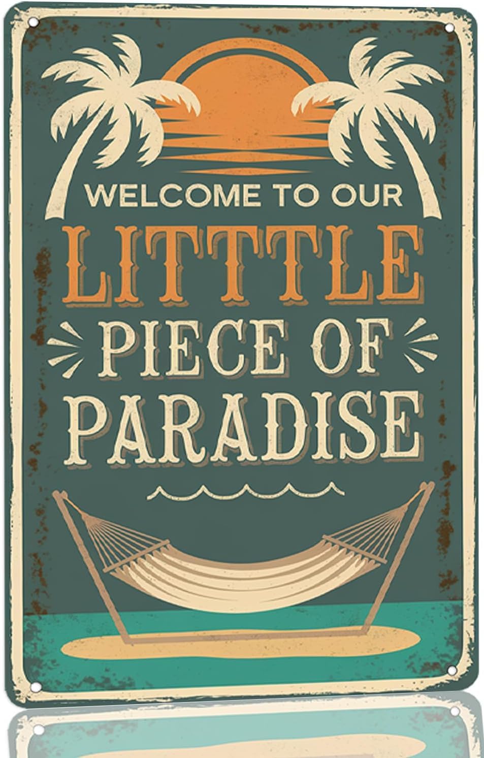 SMAZDFXX Vintage Metal Sign Welcome to Our Little Piece of Paradise, Beach Theme Wall Decor for Home Porch Patio Garden Office Decor, Multipurpose Decor Signs, Ideal Holiday 12"x16"