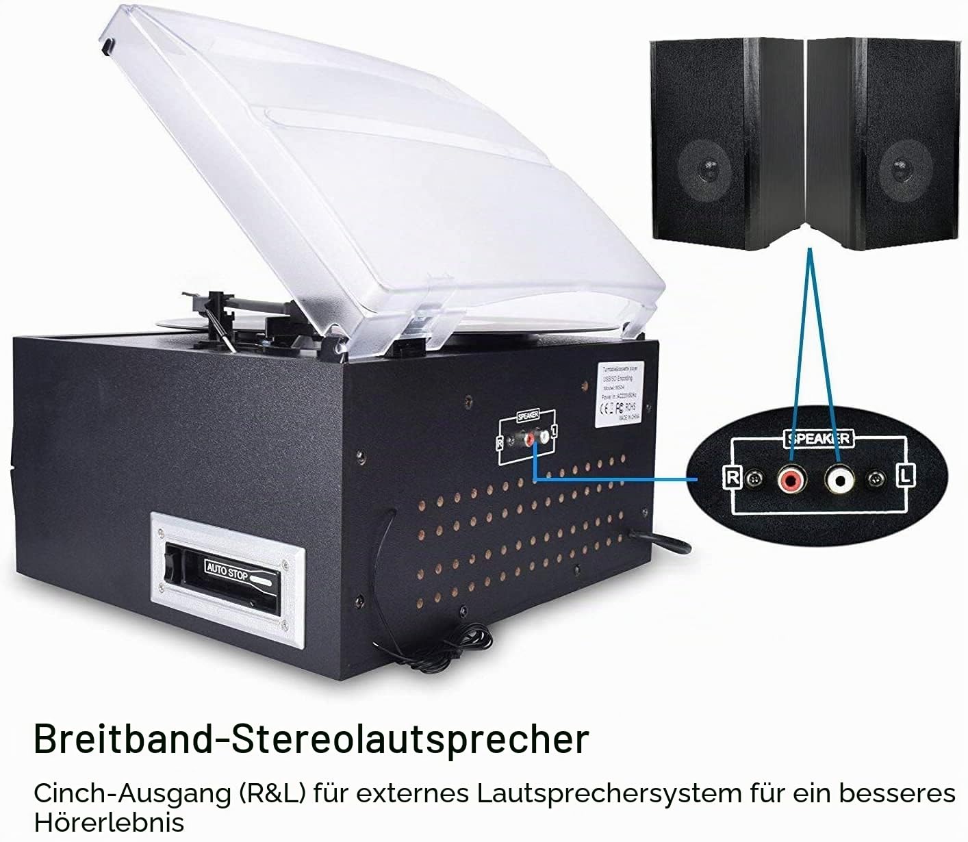 DIGITNOW! Bluetooth Viny Plattenspieler Plattenspieler für CD, Kassette, AM/FM Radio und Aux In, USB-Anschluss und SD-Codierung, Fernbedienung, mit eigenständigen Stereo-Lautsprechern