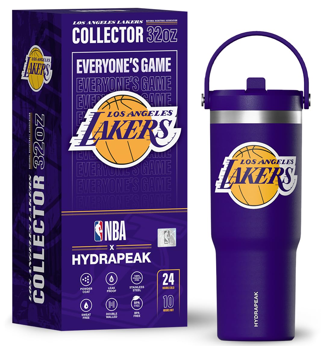 Hydrapeak x NBA Officially Licensed Los Angeles Lakers 32oz Nomad Stainless Steel Tumbler with Handle and Straw Lid, Leakproof Water Bottle in Limited Edition Collector's Gift Box