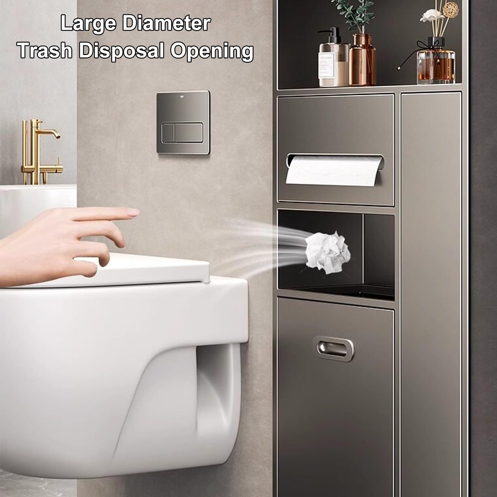 Dispensador Papel Secamanos Empotrado, Dispensador de Toallas de Papel de Acero Inoxidable 304 con Plataforma de Almacenamiento y Cubo Basura para Doméstico(Gray)