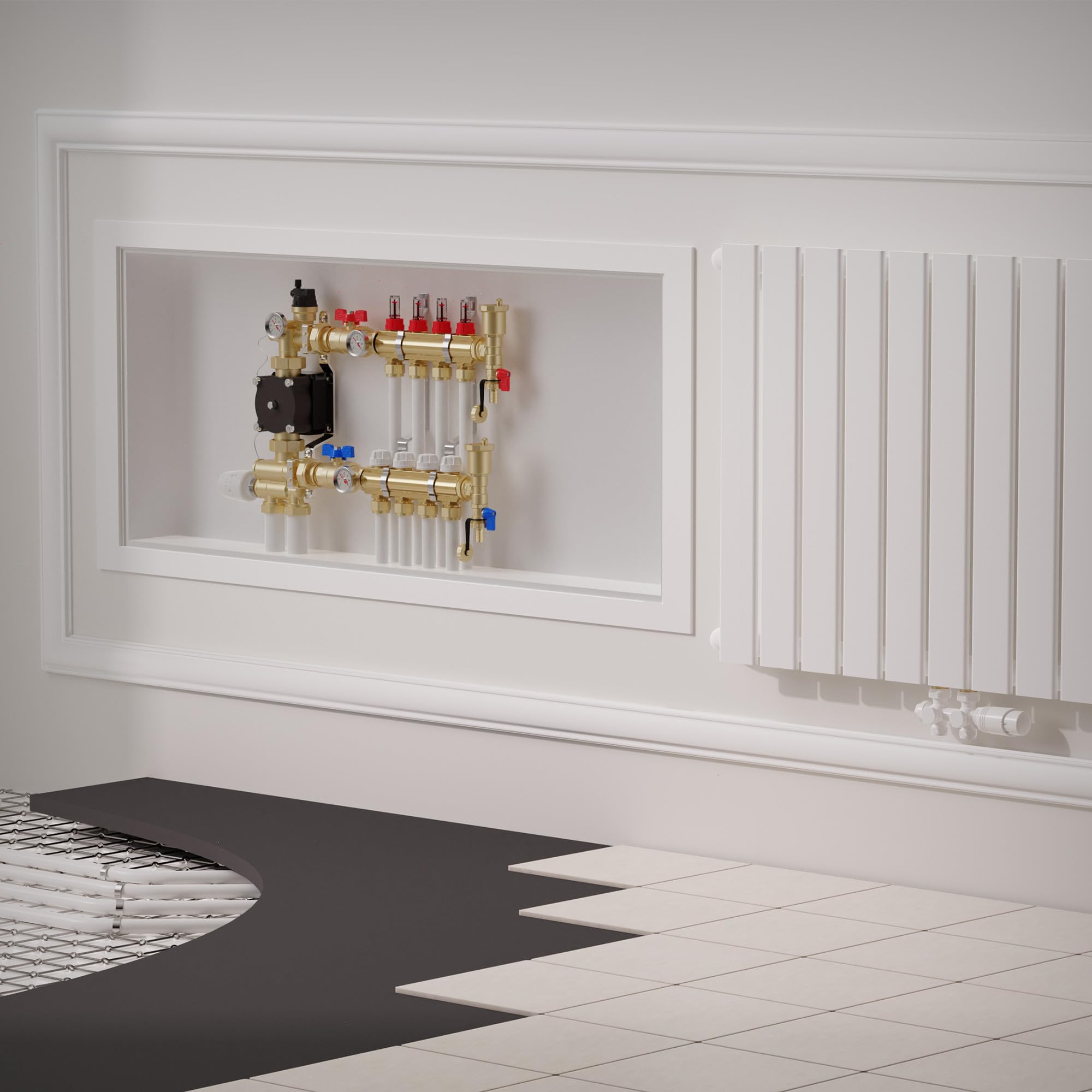 VANCOCO Collettore Pavimento Riscaldatore in Ottone per 4 Circuiti con Raccordo Eurokonus 16 × 2 mm, Collettore per Riscaldamento con Flussometri Kit di Spurgo Rapido