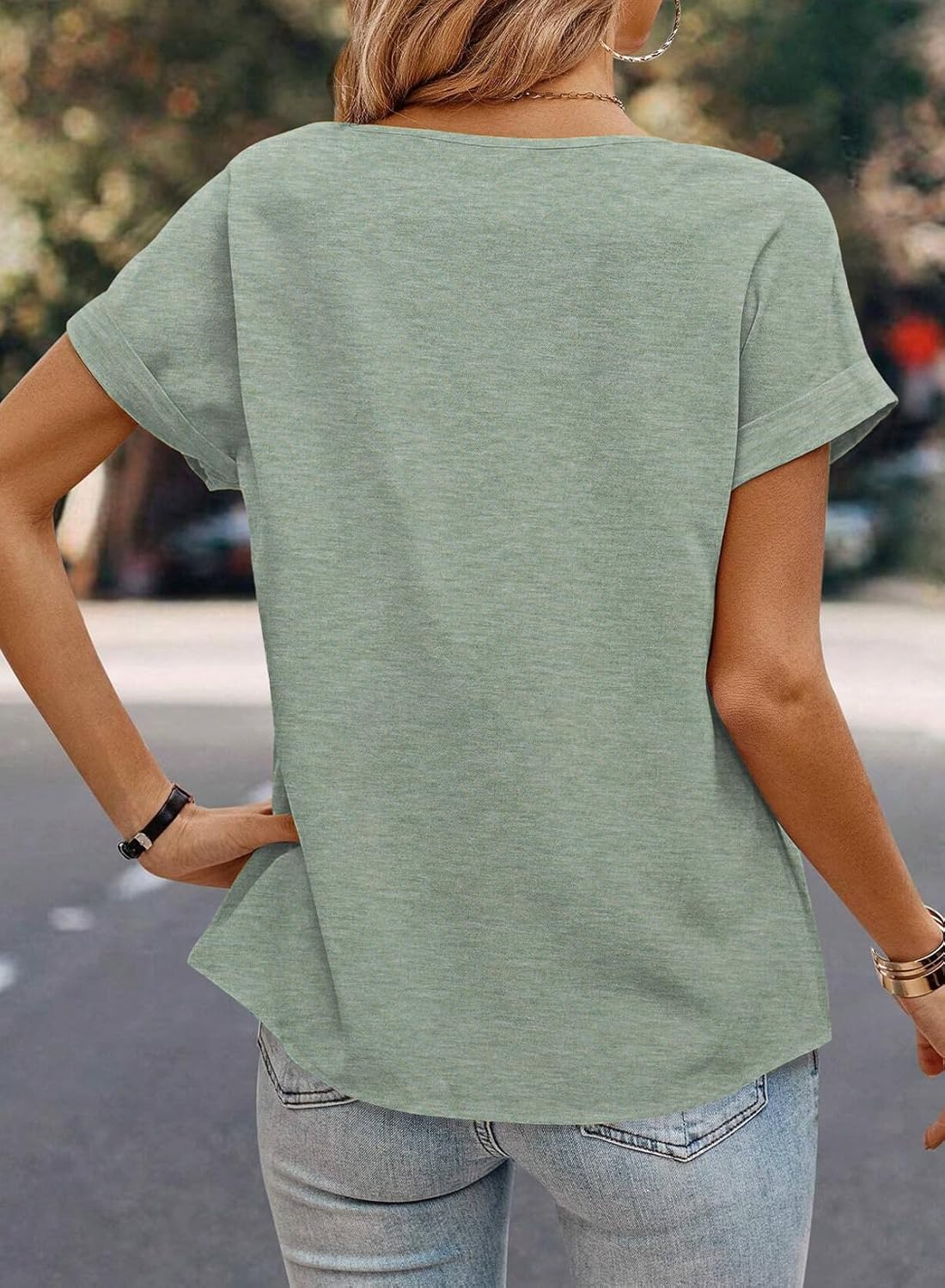 Dokotoo Womens Tops Trendy Crewneck Short Sleeve Summer T Shirts Casual Solid Loose Basic Pleated Blouses - Image 3