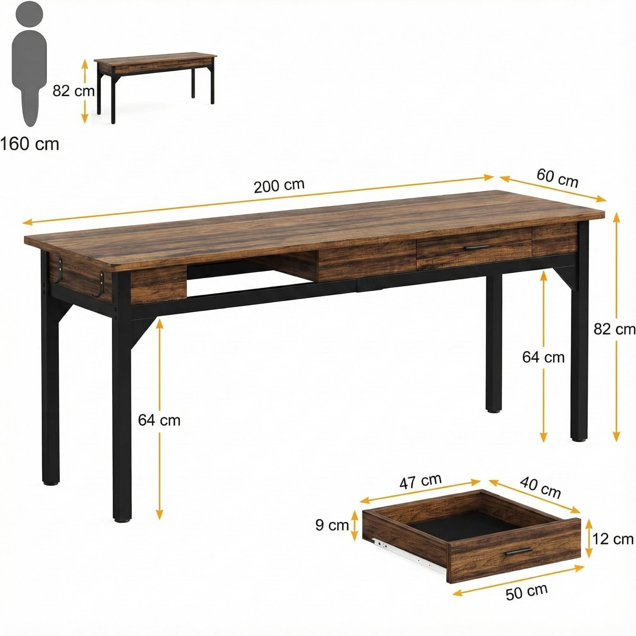 Lailang 200cm Scrivania Computer, Tavolo Ufficio Riunioni, Scrittoio Vintage, Scrivania Con Cassetti, Scrivania Per Due Persone, 200 x 60 x 82 cm, Marrone Rustico