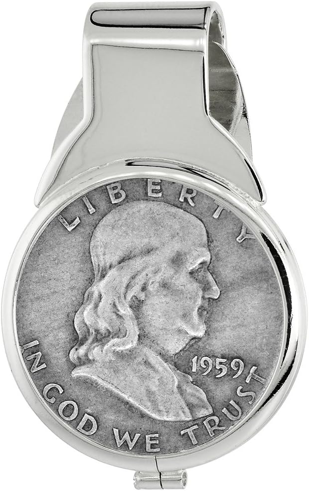 Sterling Silver Half Dollar Money Clip Spring Back with Genuine Coin