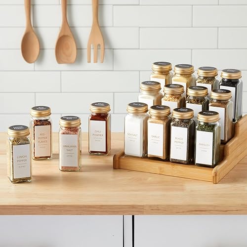 Miniatura 2 de Talented Kitchen Paquete de 24 tarros de vidrio para especias, botellas cuadradas de 4 onzas y tapas de metal doradas, 284 calcomanías preimpresas,