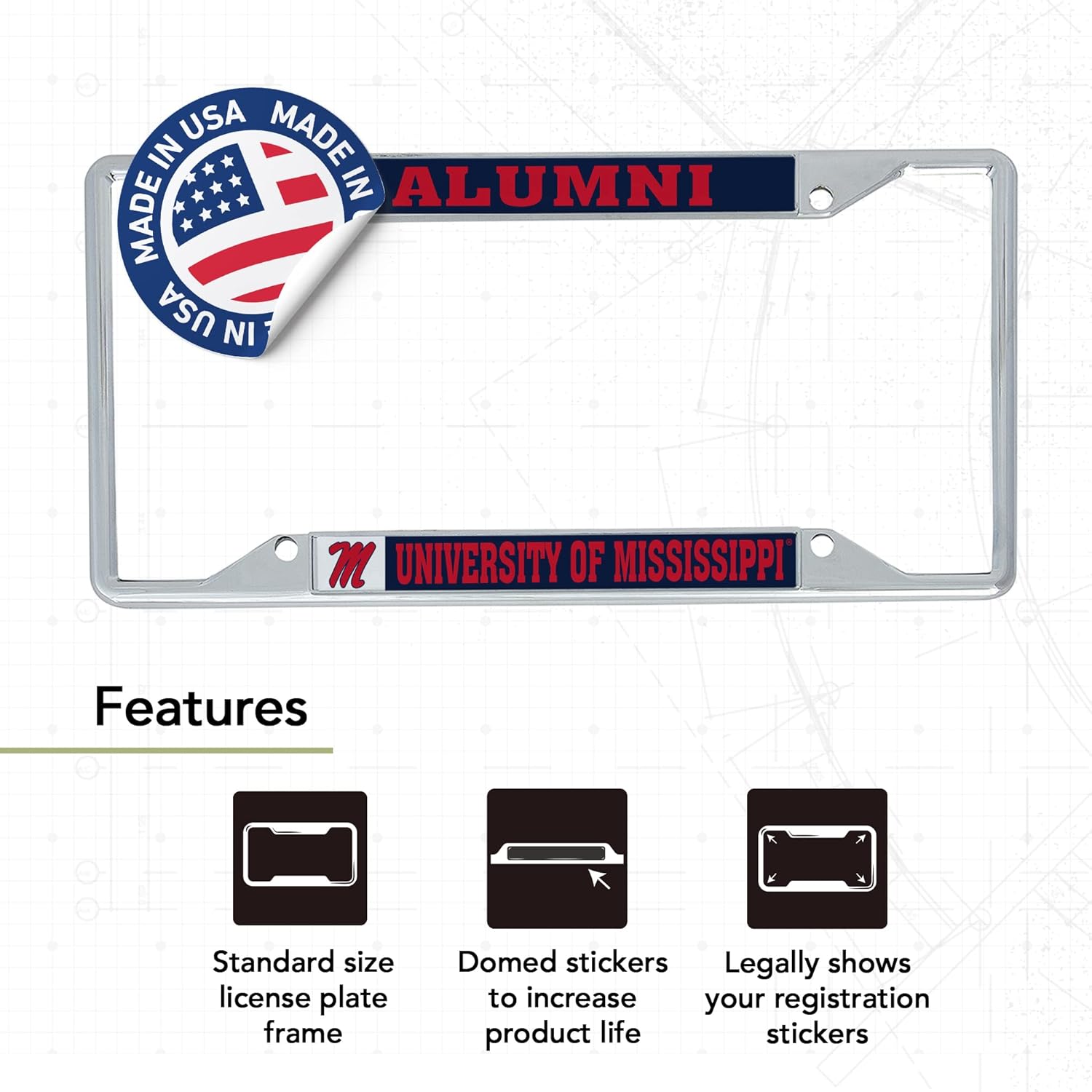Desert Cactus University of Mississippi Car Accessories Ole Miss Rebels Metal License Plate Frame and Sticker for Front or Rear of Car (Sticker Frame Combo - Alumni)