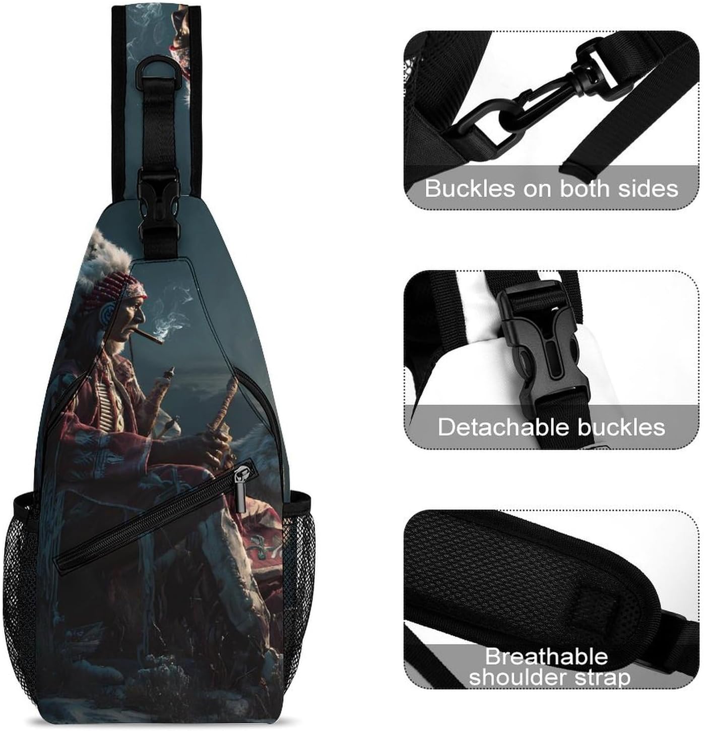 Native USA Chieftans Wolf Men Crossbody Sling Backpack Chest Bag | Travel Fanny Pack,Hiking Daypack,Print Shoulder Bags
