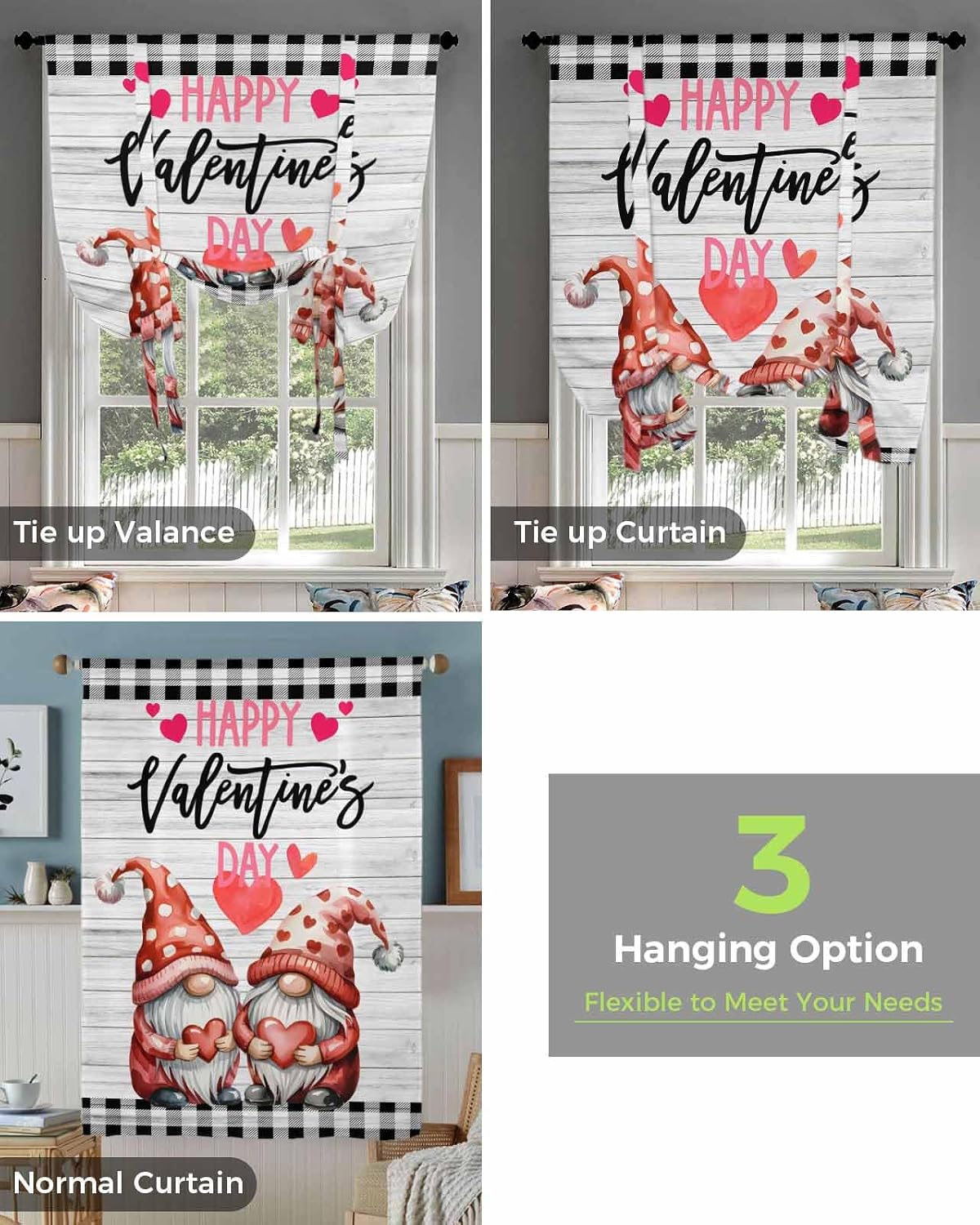 Tie Up Curtains for Windows, Valentine's Day Kitchen Curtain Adjustable Balloon Window Shades, Cartoon Gnomes Love Gray Wooden Plaid Valance Curtains for Living Room/Bedroom/Cafe 46"x63"