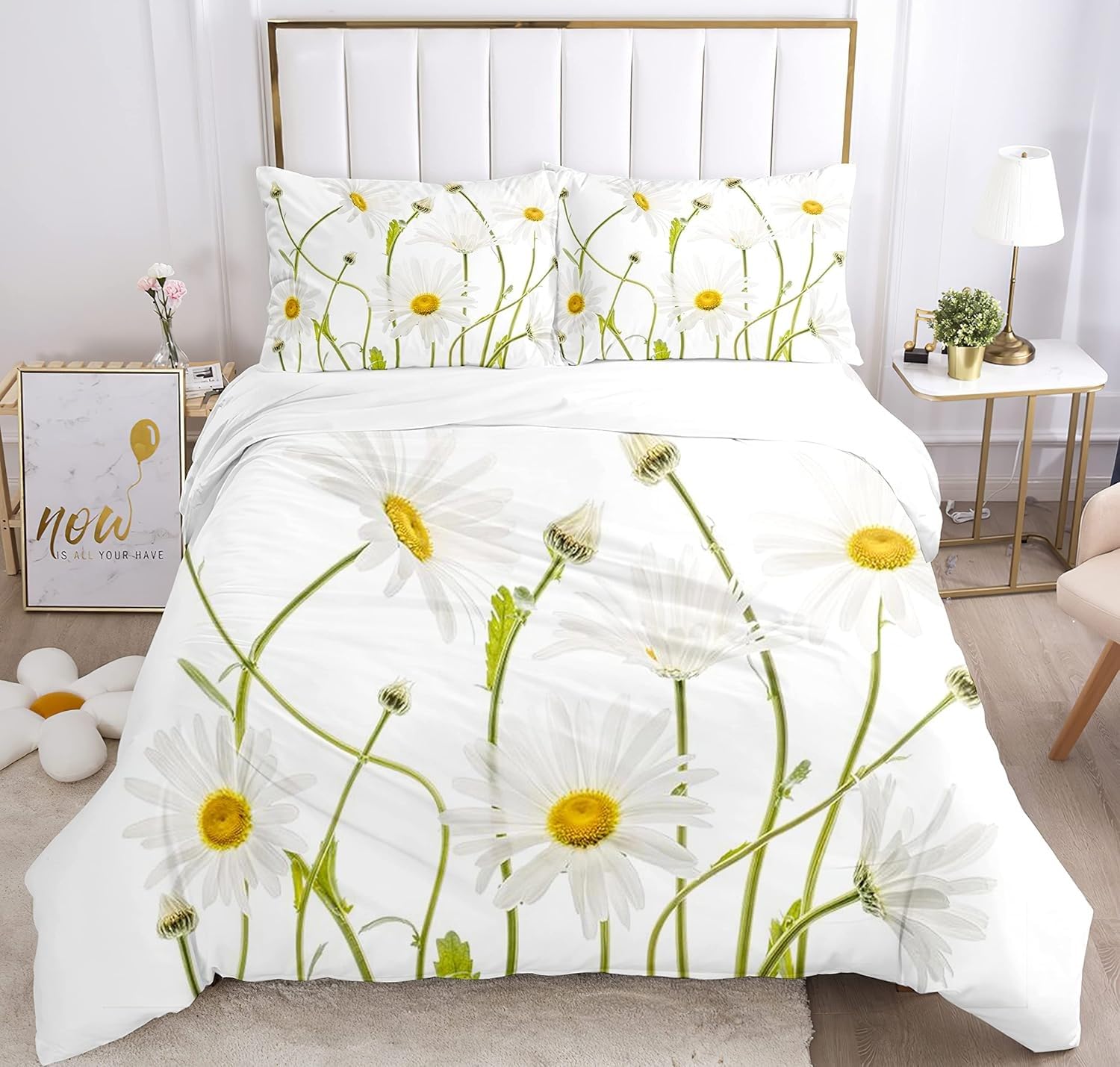 Housse de couette 240x260 cm en microfibre avec 2 taies d'oreiller imprimé 3D marguerite