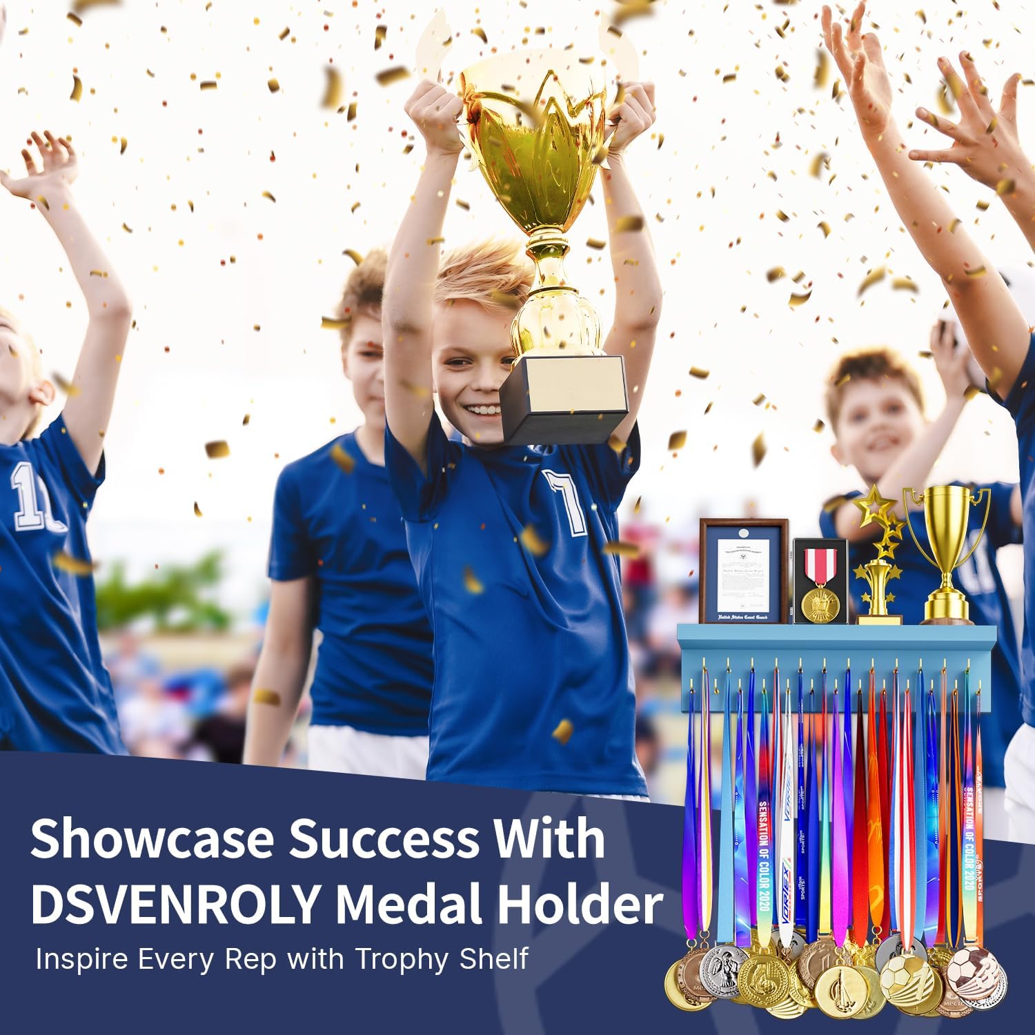 Medal Holder Display Trophy Shelf Organizer, Sturdy Wooden Race Award Hanger Rack with 25 Steel Hooks, Wall Mount Storage Stand for Sports Fans, Cheer Success
