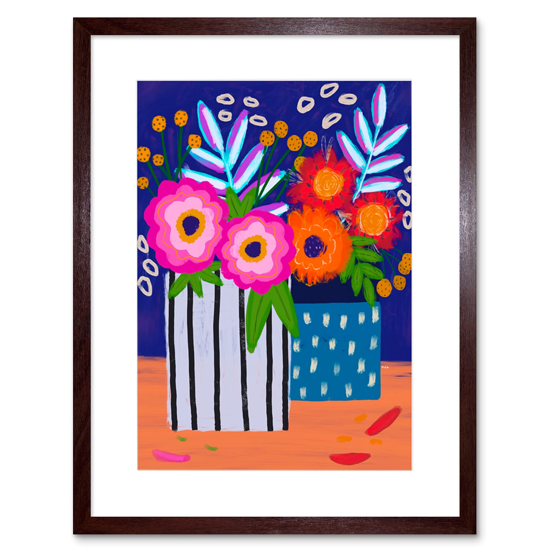 Wee Blue Coo Framed Brown 9X7 Bold Florals Flower Illustration Artwork Framed Wall Art Print 9X7 Inch