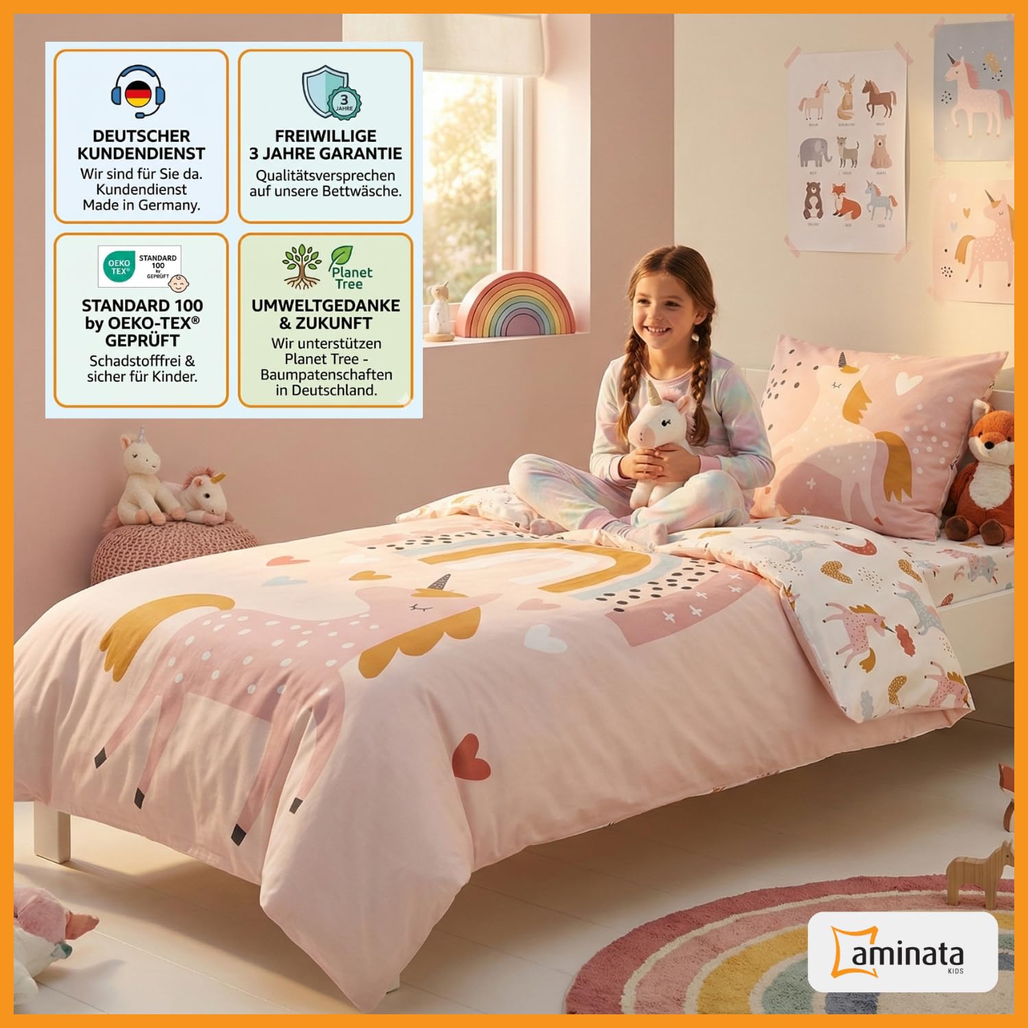 Aminata kids Bettwäsche Kinder 135x200 Mädchen Einhorn Motiv aus Baumwolle mit Reißverschluss Kinder-Bettwäsche-Set Jugendliche Teenager Einhornbettwäsche beige Tiere Tier-Motiv
