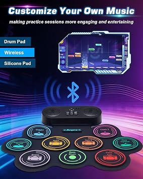Anpro Electric Drum Set Bluetooth: 9 Drum Pad with Dual Stereo Speakers, Roll-up Electronic Drum Kit with Drum Pedals Drum Sticks, Support Headphone/MIDI Practice, Gift for Children and Adult Beginner | Roll-up, Dual Stereo Speakers,Support Headphone/MIDI Practice, with Drum Pedals Drum Stick, for Kids