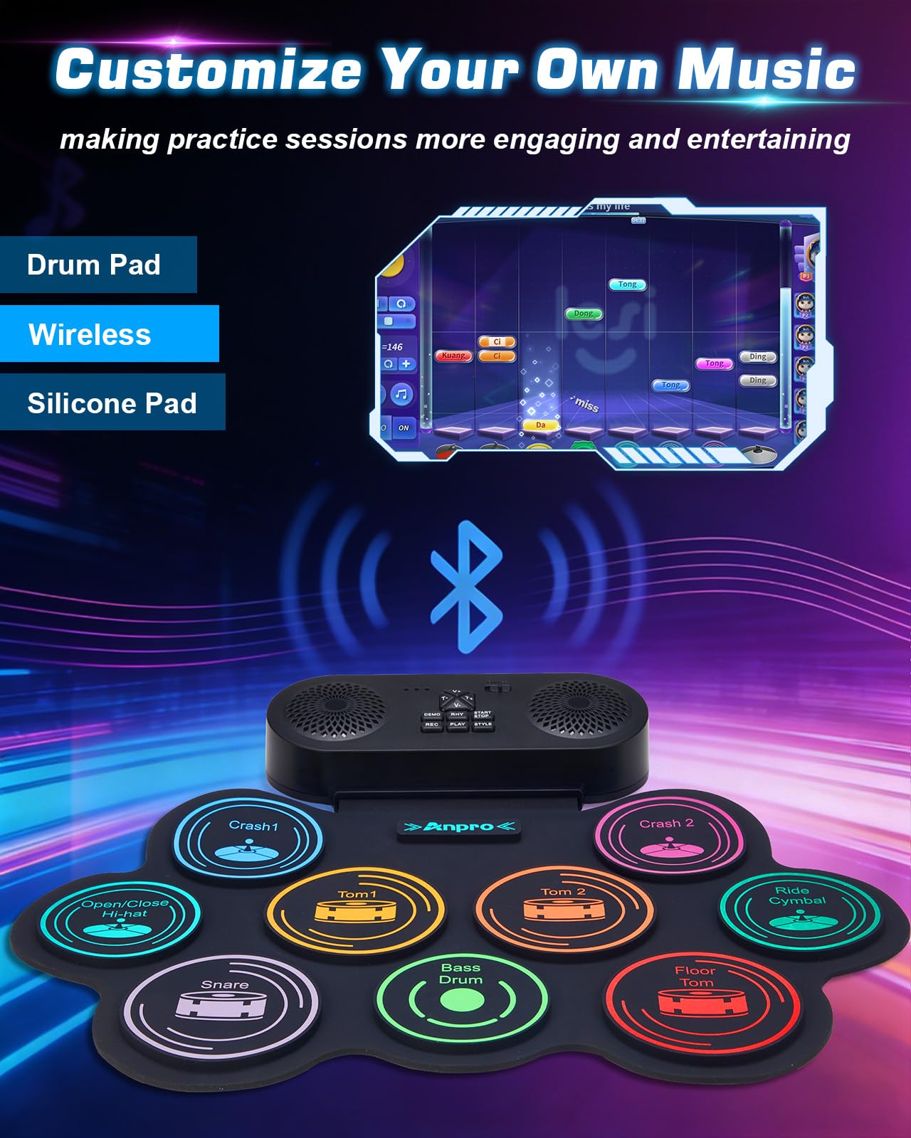 Anpro Elektronisches Schlagzeug-Set, 9 Trommelpads mit Dual-Stereo-Lautsprechern, Rollbares Drumkit mit Pedalen & Sticks, Kopfhörer/Bluetooth/MIDI Unterstützung, Geschenk für Kinder & Anfänger