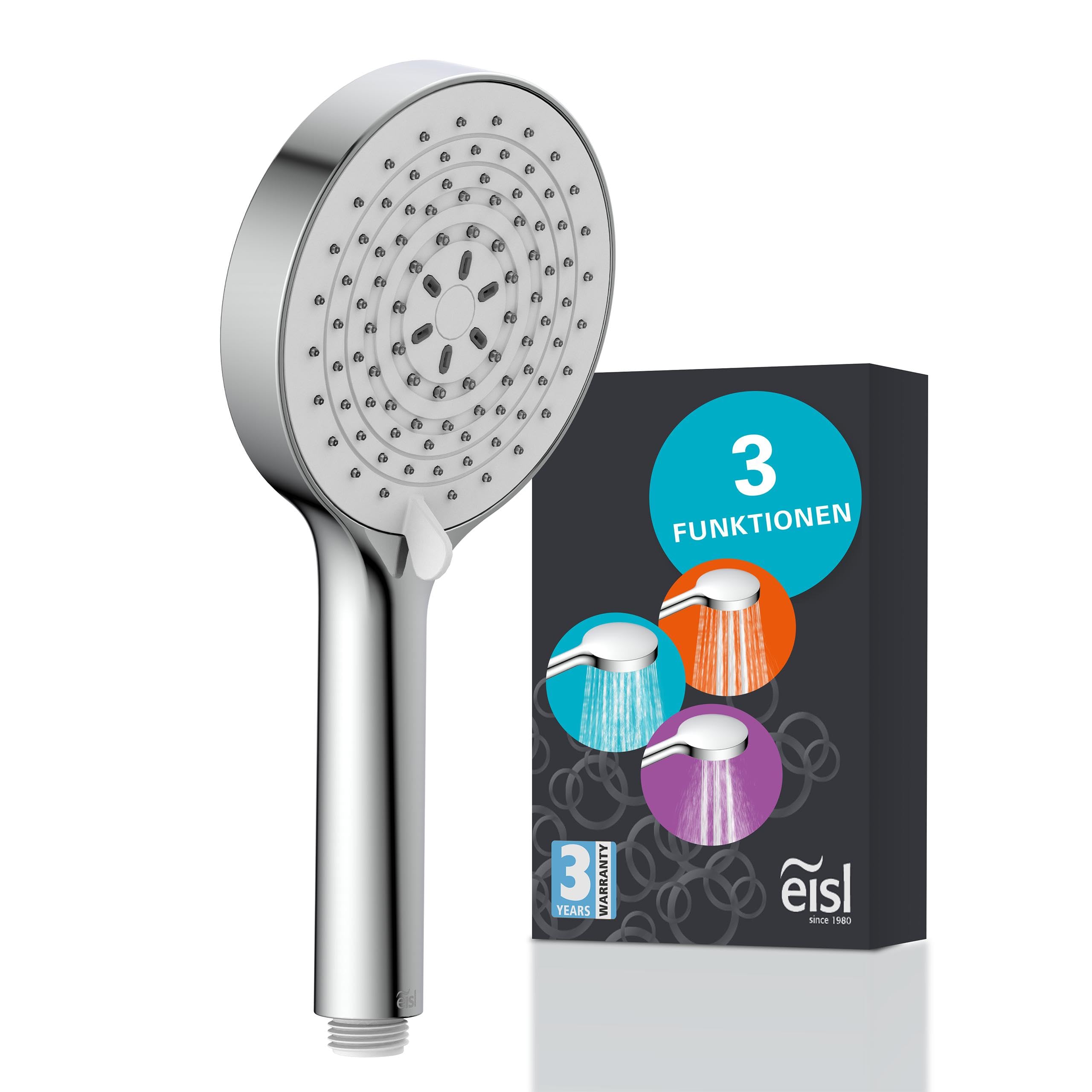 EISL CLAUDIO Handbrause DX7050, 3-fach verstellbarer Duschkopf, inklusive Wasserspardichtung, Universaler Brauseschlauchanschluss, Handbrause Dusche, chrom-weiß