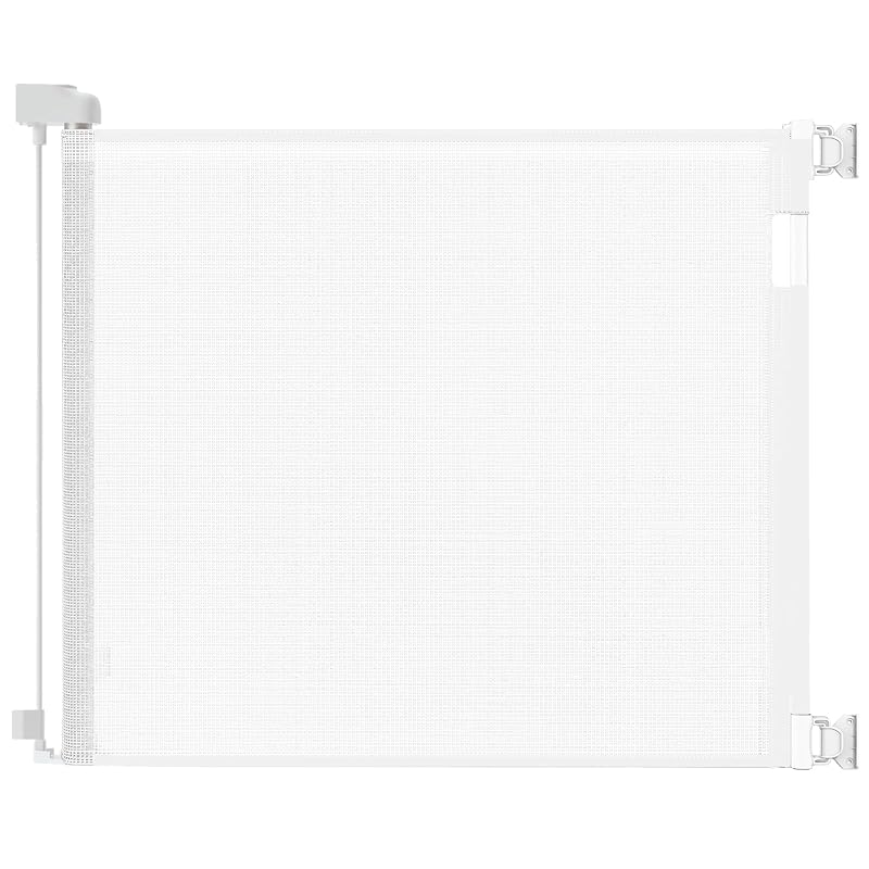 Portão retrátil para cães com tela de segurança e operação com uma mão Veraste, 85,34 cm x 139,7 cm, Branco
