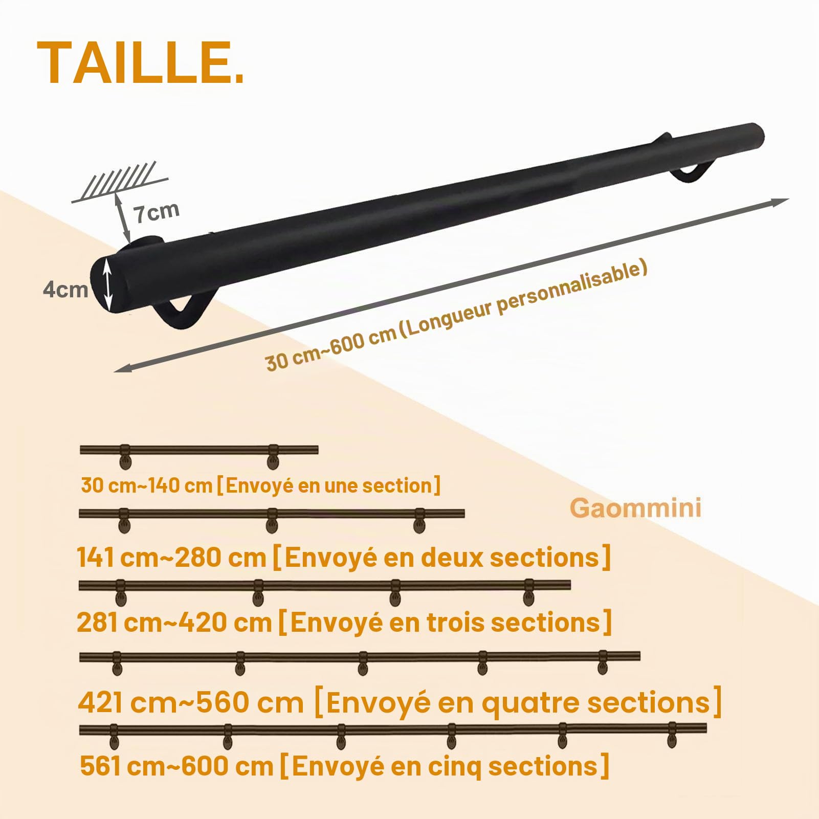 Main courante pour escaliers – 80cm, 1m, 120cm, 1,5m, 180cm, 2m, 240cm, 3m, rampe d'escalier pour la maison, la salle de bain, le couloir, les escaliers – Barre d'appui intérieure et extérieure(200cm)