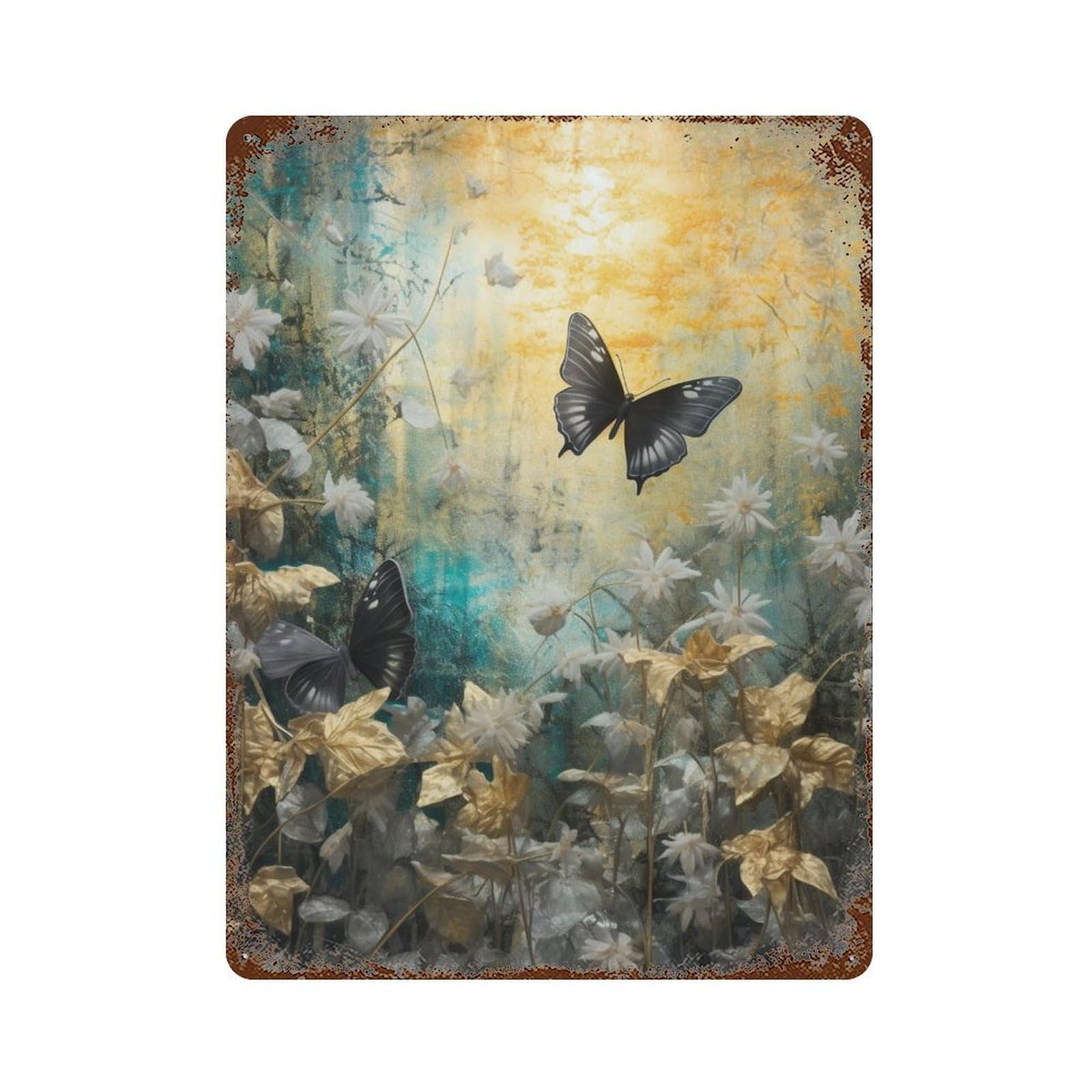 Rust Effect Butterfly Garden Painting-2 Rustic Tin Plaque 15.7"x11.8", Shabby Chic Decor for Basement, Hobby Room And Garage Decor