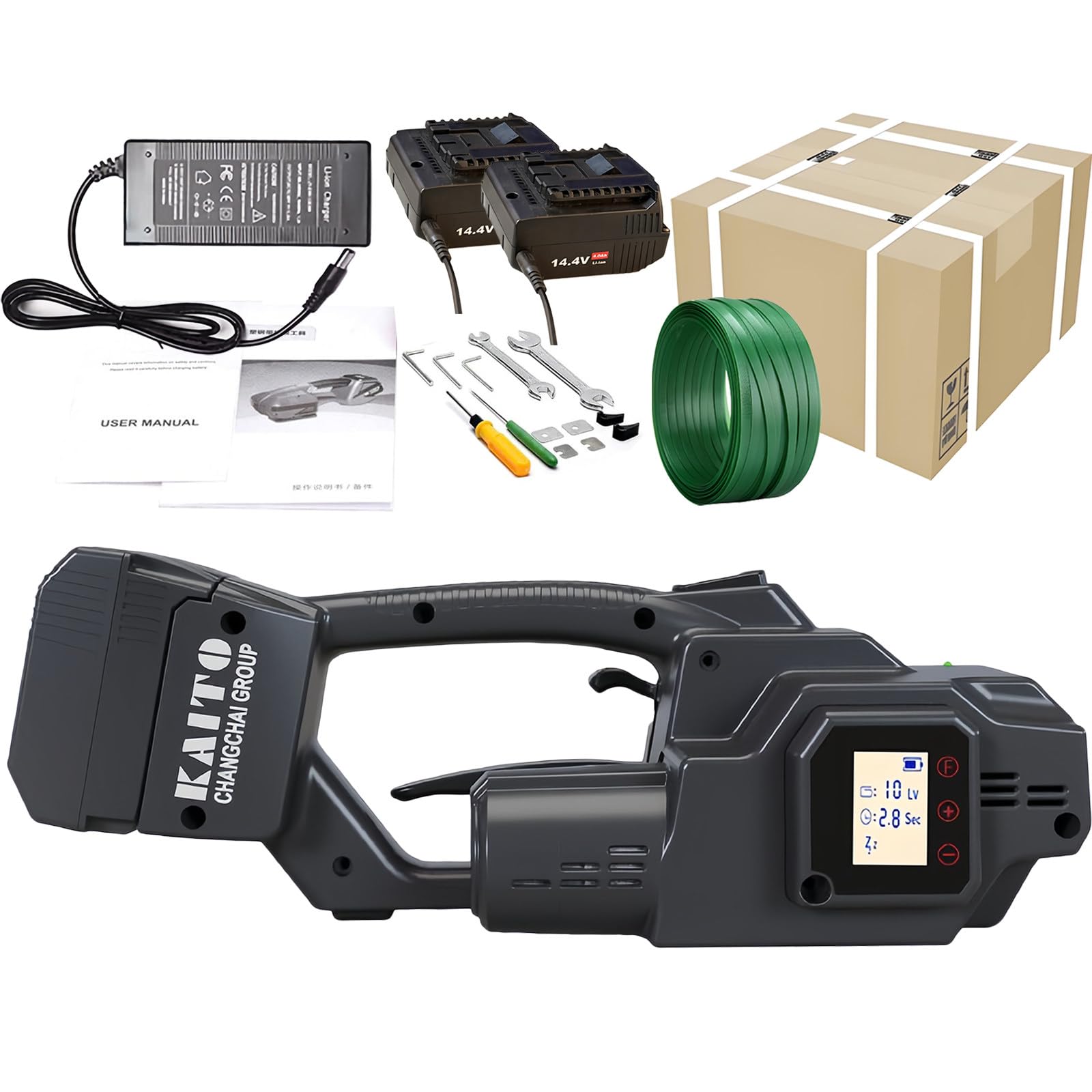 YXYLJOZ Portable Fully Automatic Plastic Strapping Machine - PP/PET Strap with Hot Melt Technology, 4000mAh Battery, LED Screen for Factories & Warehouses, Includes 2 Batteries (2 Battery)