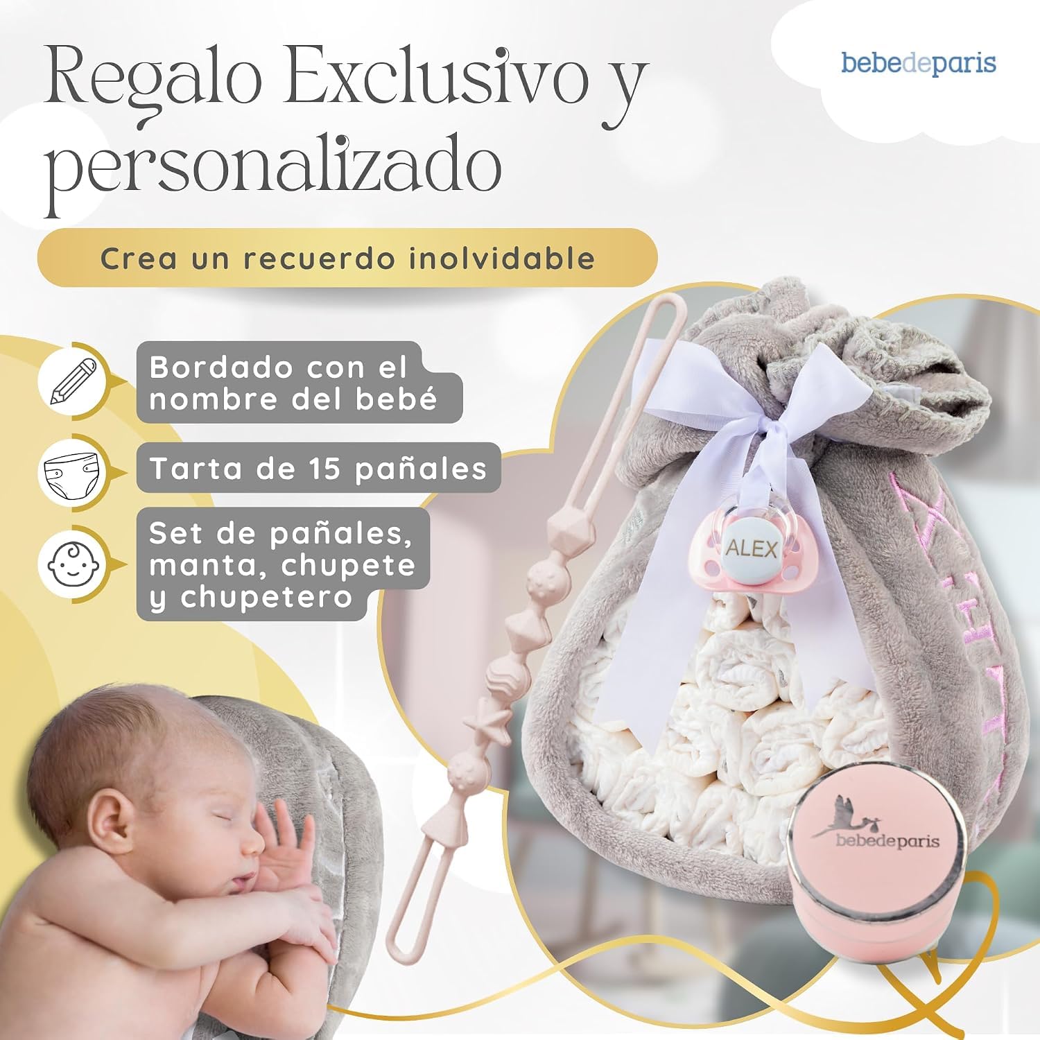 Cadeaux de Naissance | Gâteau de Couches avec Attache-Tétine en Tissu | Couverture Personnalisée + Tétine Personnalisée + 15 Couches Moltex | Baby Shower Garçon Fille (Rose) | BebeDeParis