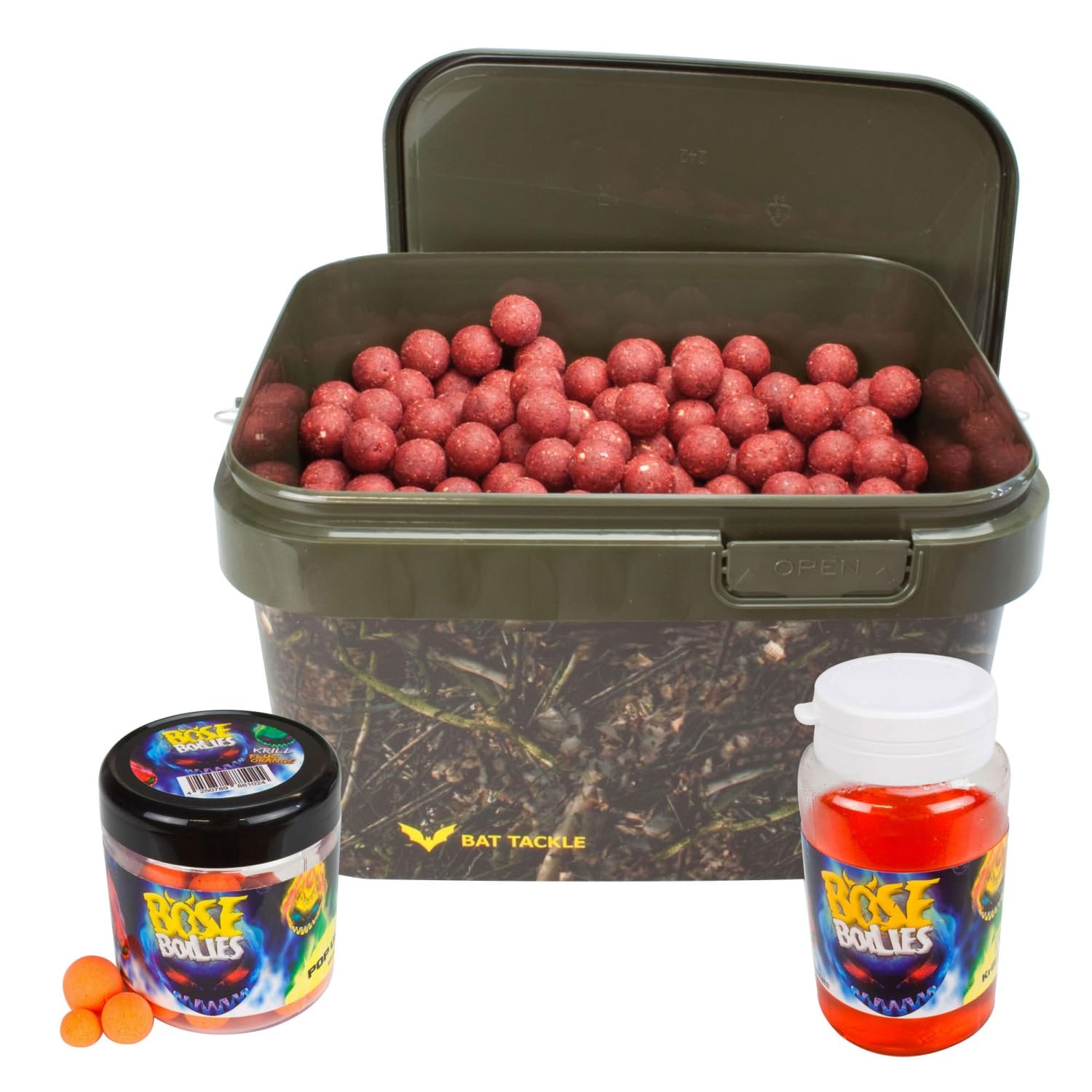 Sessionpack Böse Boilies im Eimer – Karpfen Köder-Set inkl. Pop-Ups, Dip & Camouflage Futtereimer – 18mm Boilies für Karpfen – Diverse Sorten – Erhältlich als 2,5kg & 5kg