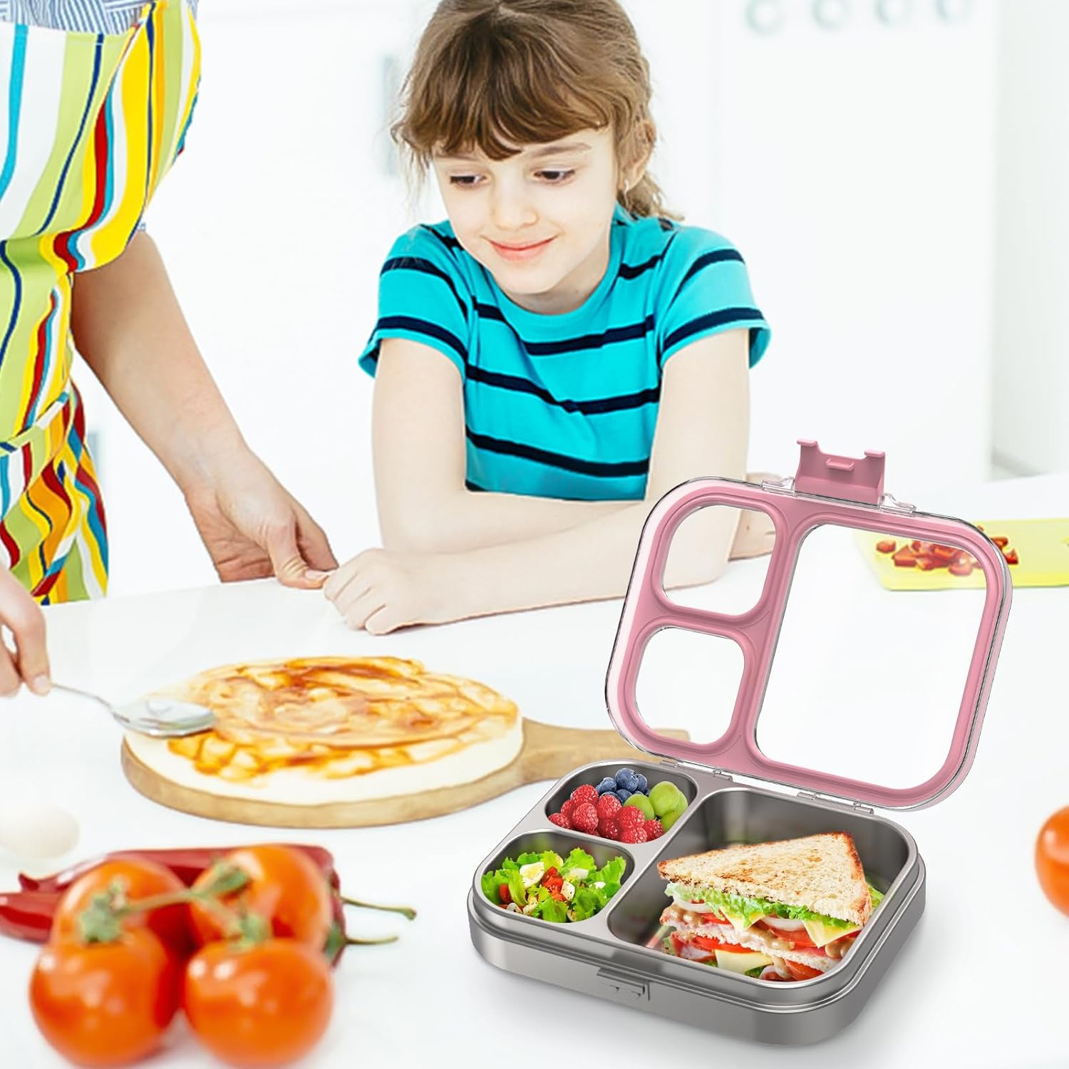 Kids Stainless Steel Bento Box with Silicone Lid Leak-proof Toddlers Lunch Container 3 Compartments,Pink - Image 6