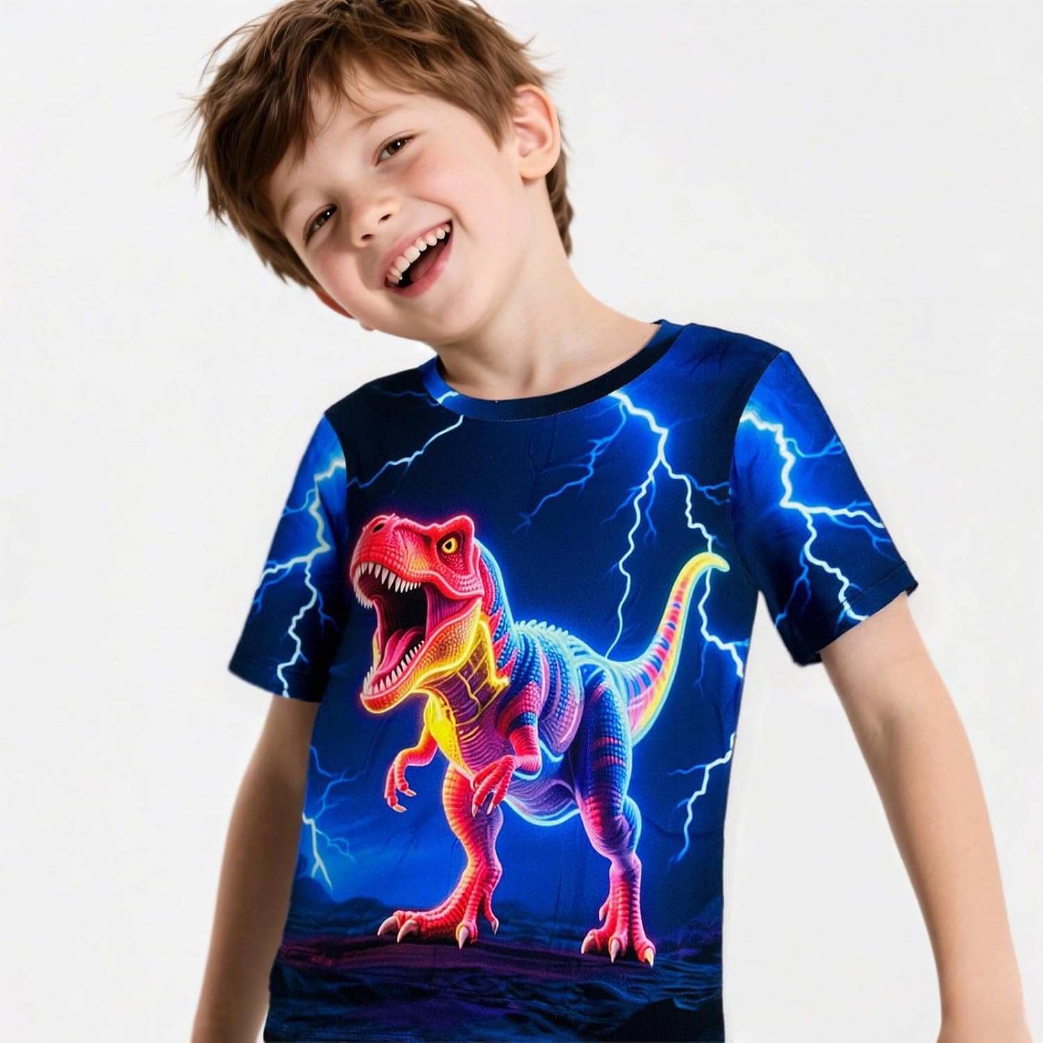 Dinosaur Neon Shirts for Boys Girls 3-14 Years, 3D Party Crew Neck Short Sleeve T-Shirts for Kids Graphic Tees