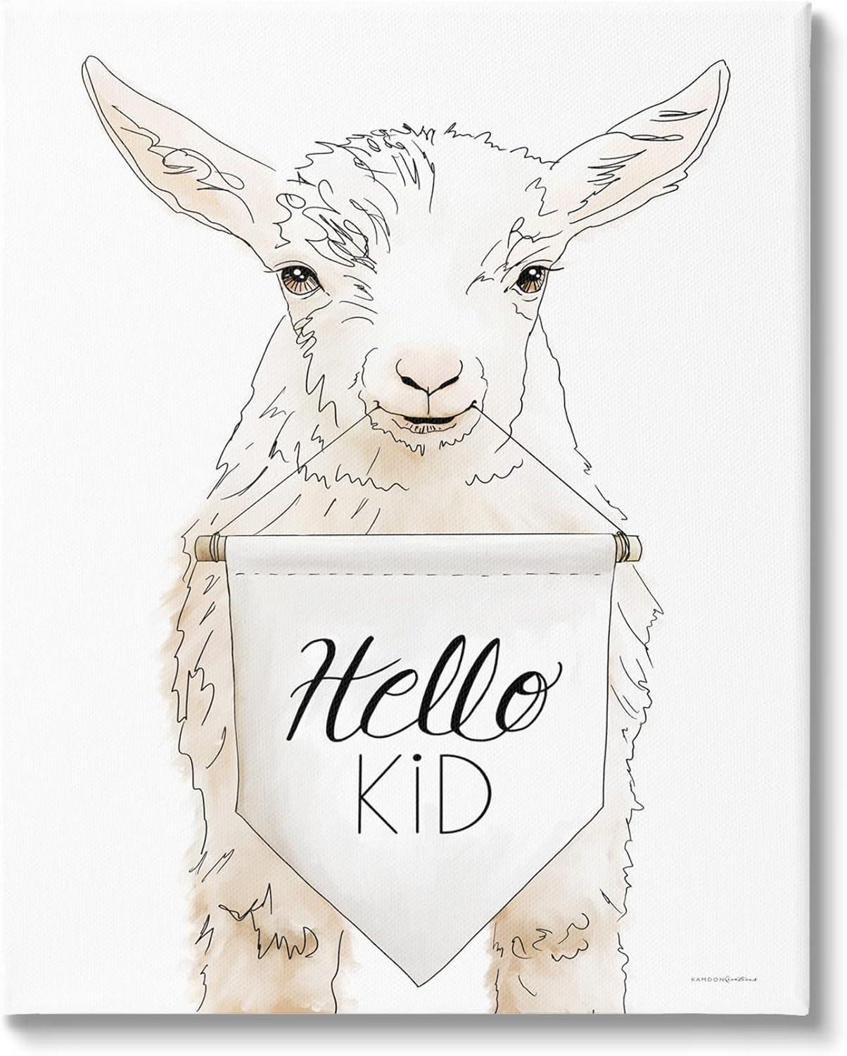 Stupell Industries Goat Holding Sign Hello Kid Text Line Drawing, Design by Kamdon Kreations,White