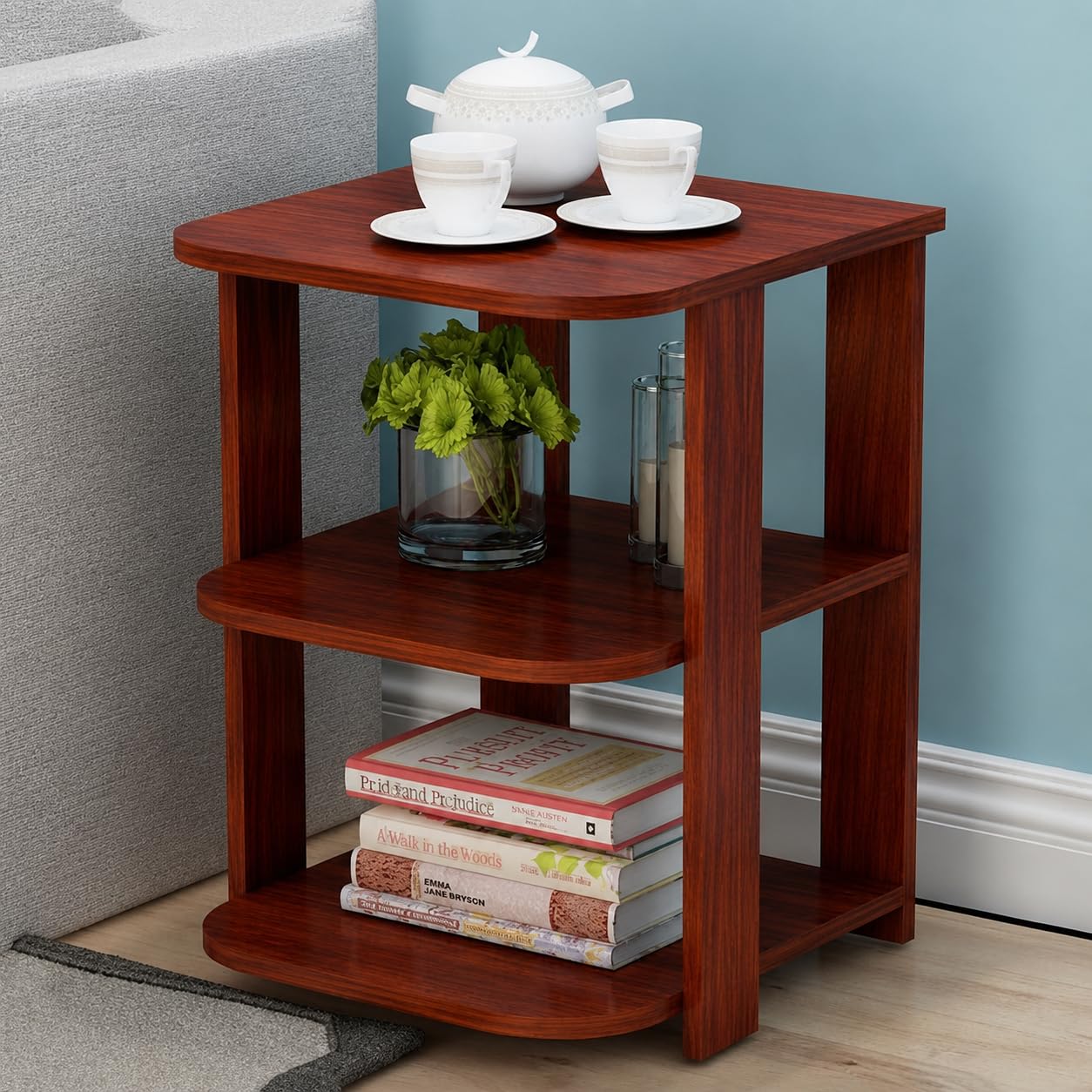 FireBees 3-Tier Wooden Bedside Table | Compact Side Table for Living Room | Sofa Side Table | Nightstand for Bedroom | End Table with Storage Shelves | Corner Beside Table 41x31x51 cm,