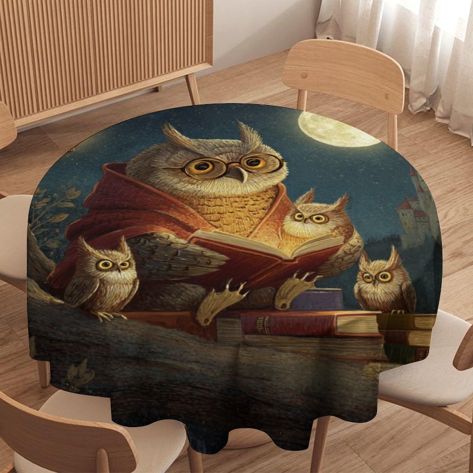 Luyysky Fantasy Classic Cute Owl Waterproof Round Tablecloth Vintage Beautiful Full Moon Starry Sky Galaxy Castle Animal Owls Washable Table Cover For Kitchen-152.4" Wx152.4 L Cm